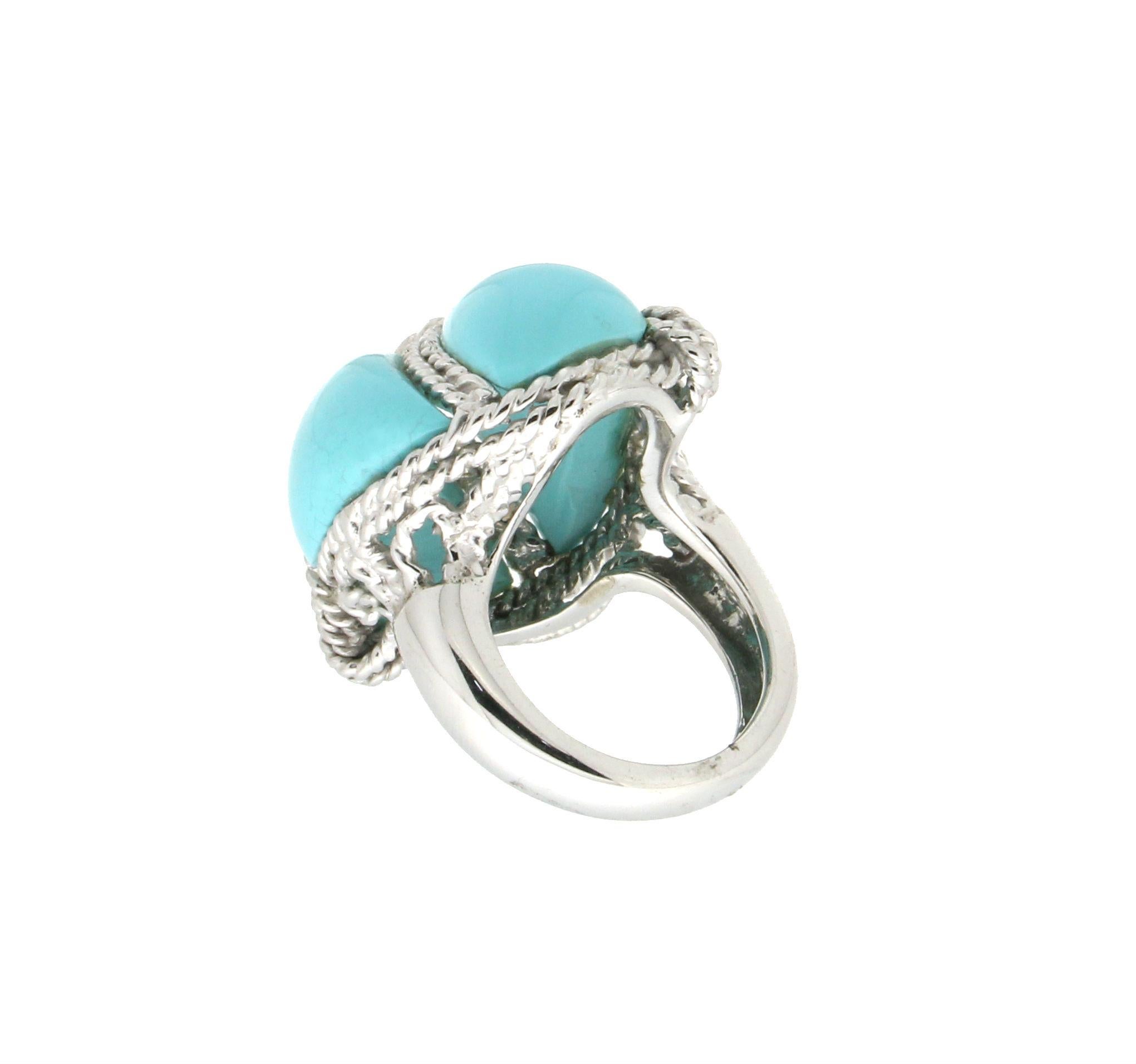 Handcraft 18 Karat White Gold Turquoise Cocktail Ring In New Condition For Sale In Marcianise, IT