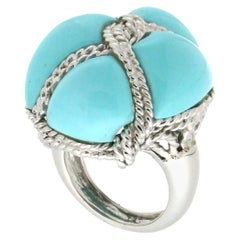 Bague cocktail artisanale en or blanc 18 carats avec turquoise