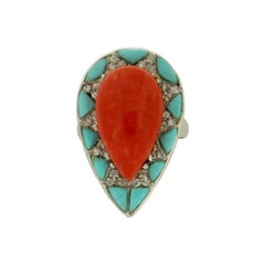 Handcraft 18 Karat White Gold Turquoise Diamonds Cocktail Ring