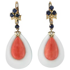 Handcraft 18 Karat Yellow Gold Agate Coral Sapphires Diamonds Drop Earrings