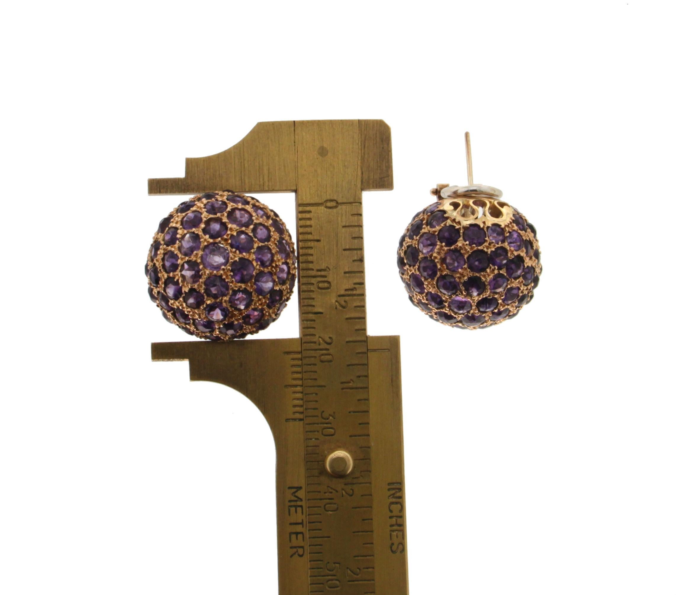 Women's or Men's Handcraft 18 Karat Yellow Gold Amethyst Spheres Stud Earrings