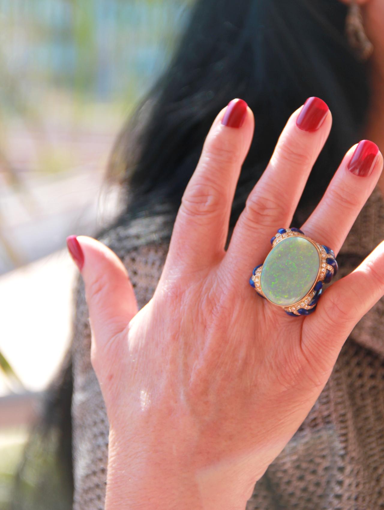 Handcraft 18 Karat Yellow Gold Diamonds Lapis Australian Opal Cocktail Ring For Sale 7