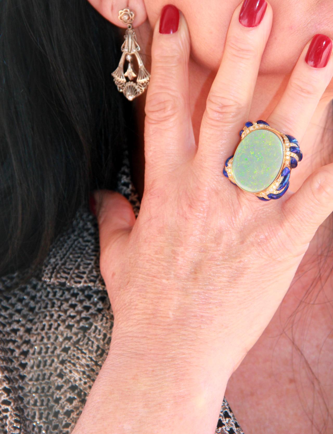 Handcraft 18 Karat Yellow Gold Diamonds Lapis Australian Opal Cocktail Ring For Sale 8