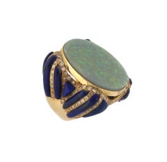 Handcraft 18 Karat Yellow Gold Diamonds Lapis Australian Opal Cocktail Ring