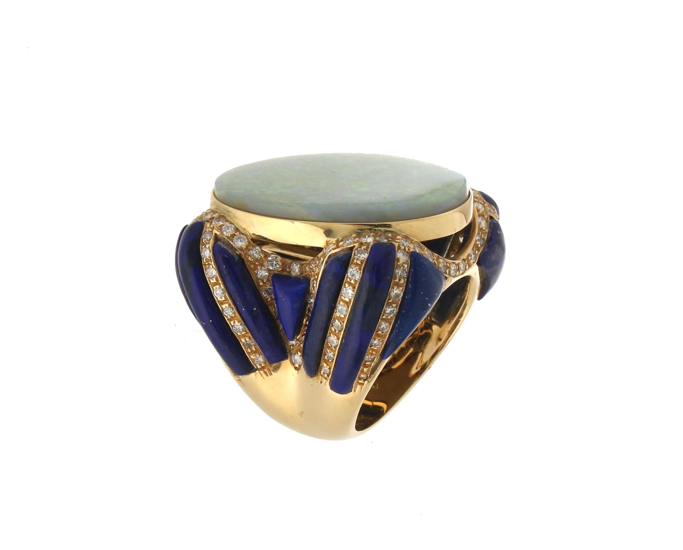 Retro Handcraft 18 Karat Yellow Gold Diamonds Lapis Australian Opal Cocktail Ring For Sale