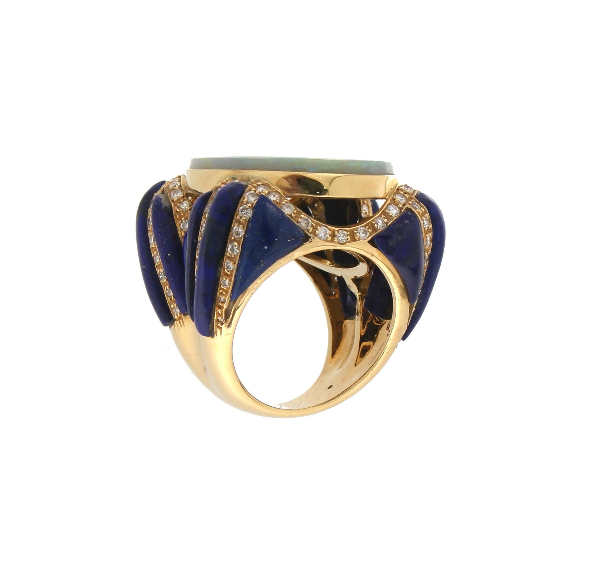 Brilliant Cut Handcraft 18 Karat Yellow Gold Diamonds Lapis Australian Opal Cocktail Ring For Sale