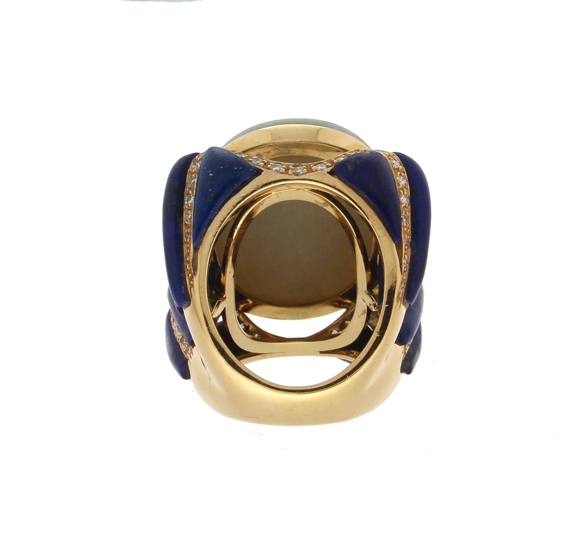 Handcraft 18 Karat Yellow Gold Diamonds Lapis Australian Opal Cocktail Ring In New Condition For Sale In Marcianise, IT