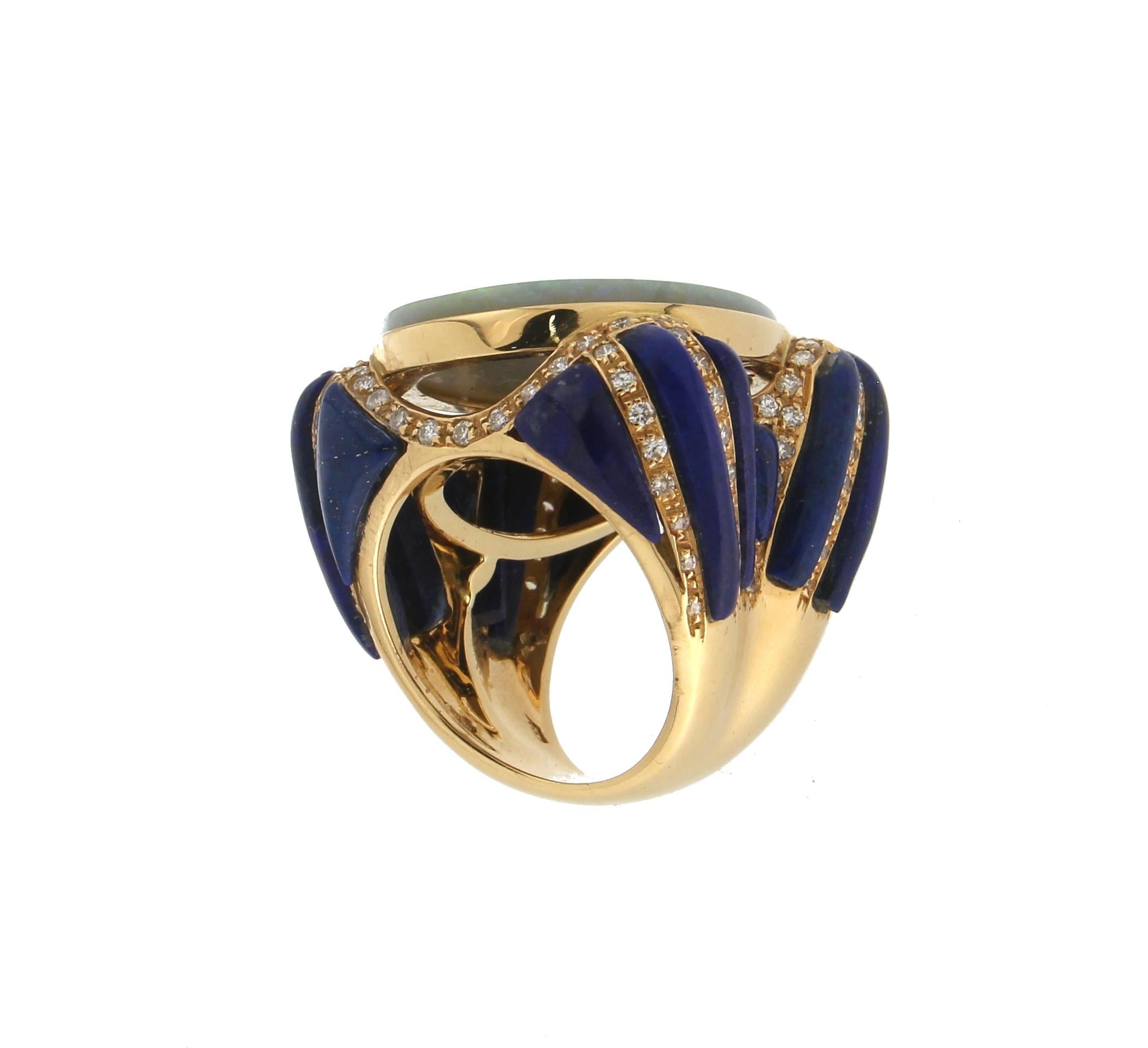 Women's Handcraft 18 Karat Yellow Gold Diamonds Lapis Australian Opal Cocktail Ring For Sale