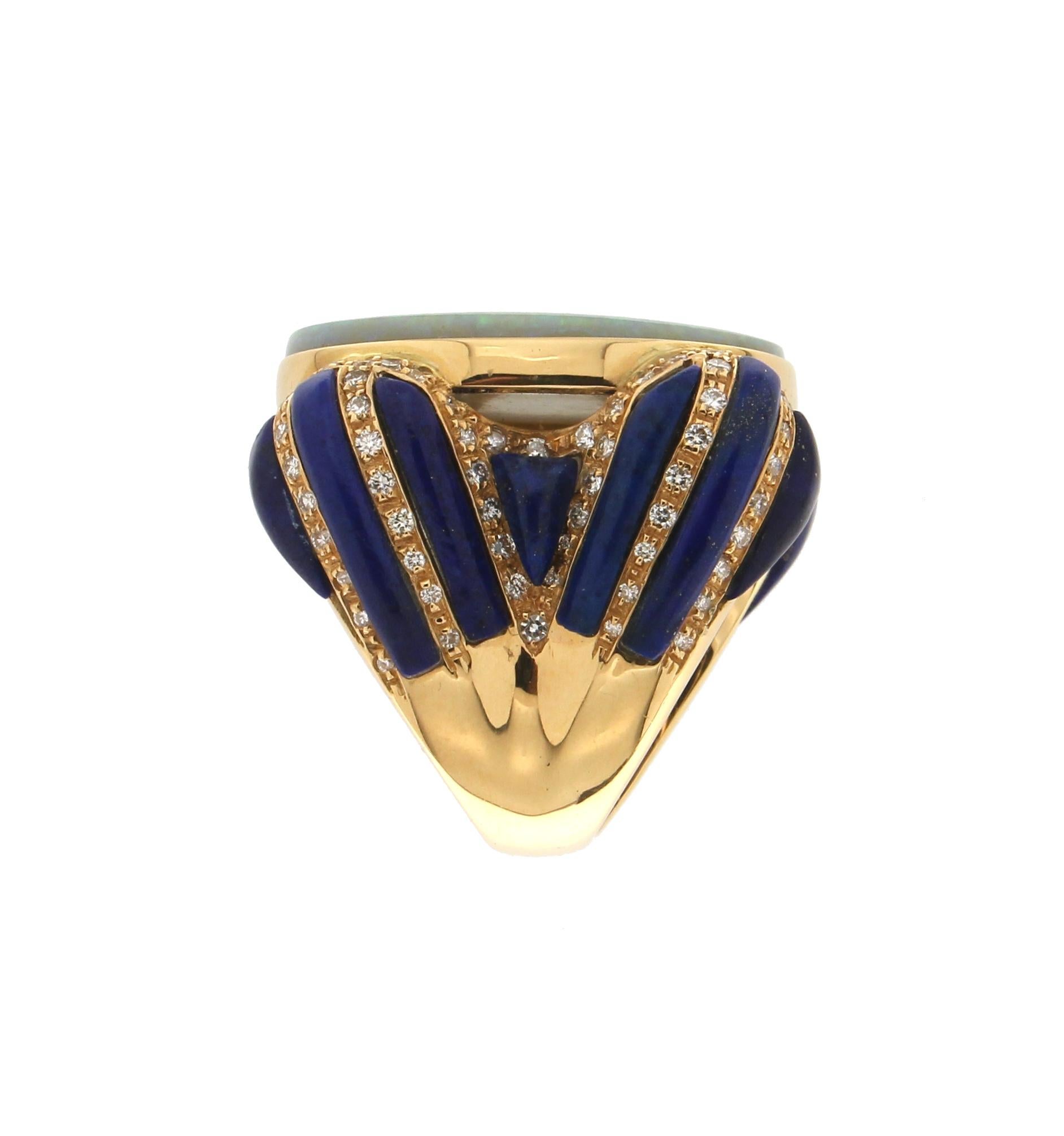 Handcraft 18 Karat Yellow Gold Diamonds Lapis Australian Opal Cocktail Ring For Sale 1
