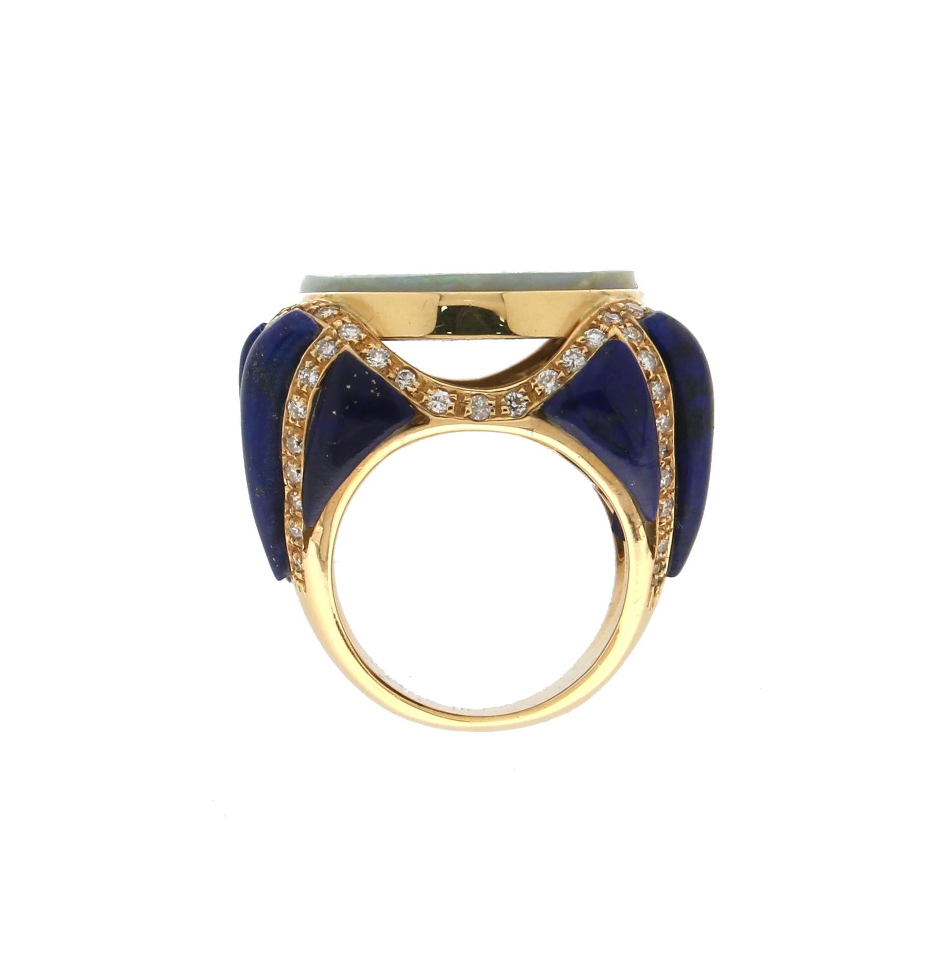 Handcraft 18 Karat Yellow Gold Diamonds Lapis Australian Opal Cocktail Ring For Sale 2
