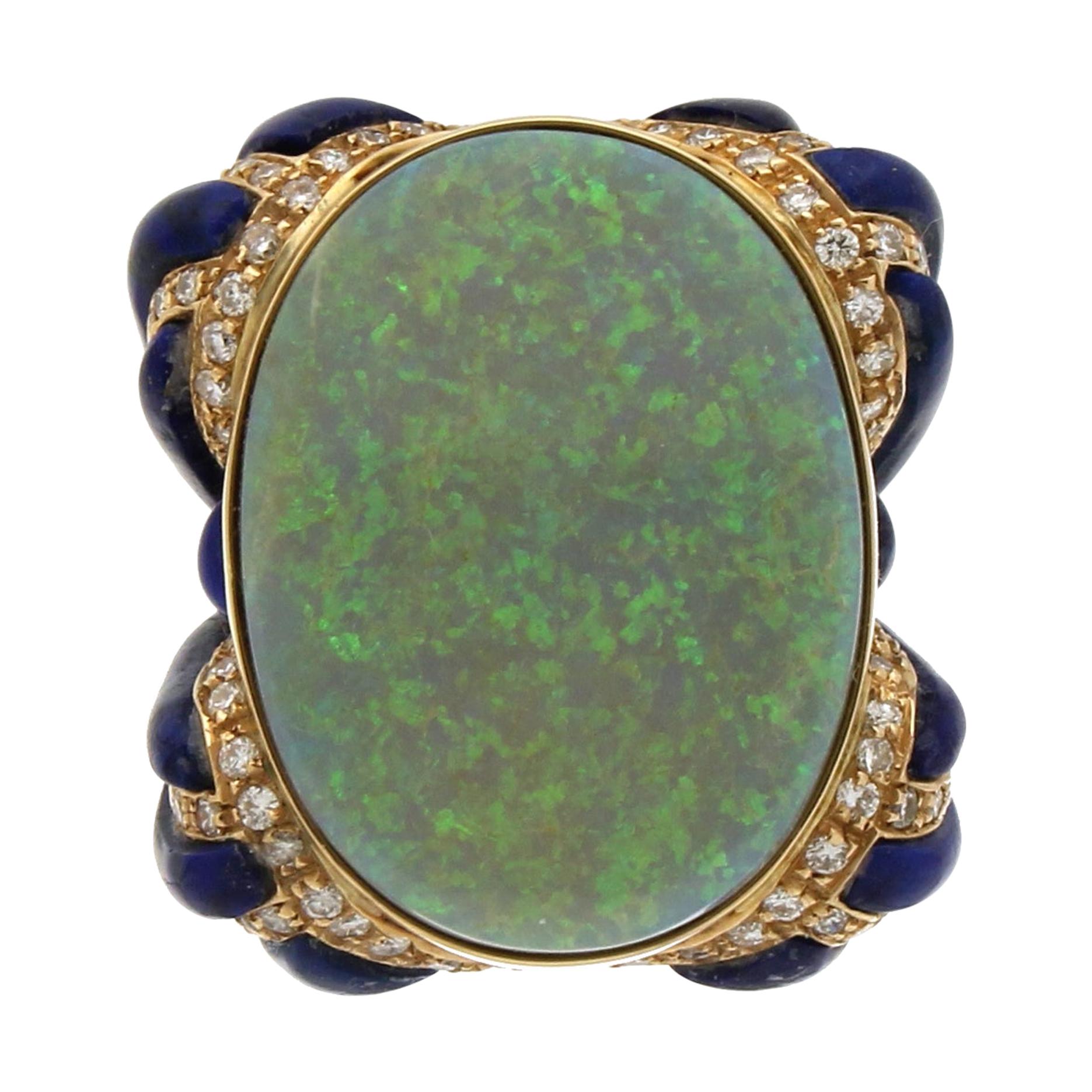 Handcraft 18 Karat Yellow Gold Diamonds Lapis Australian Opal Cocktail Ring