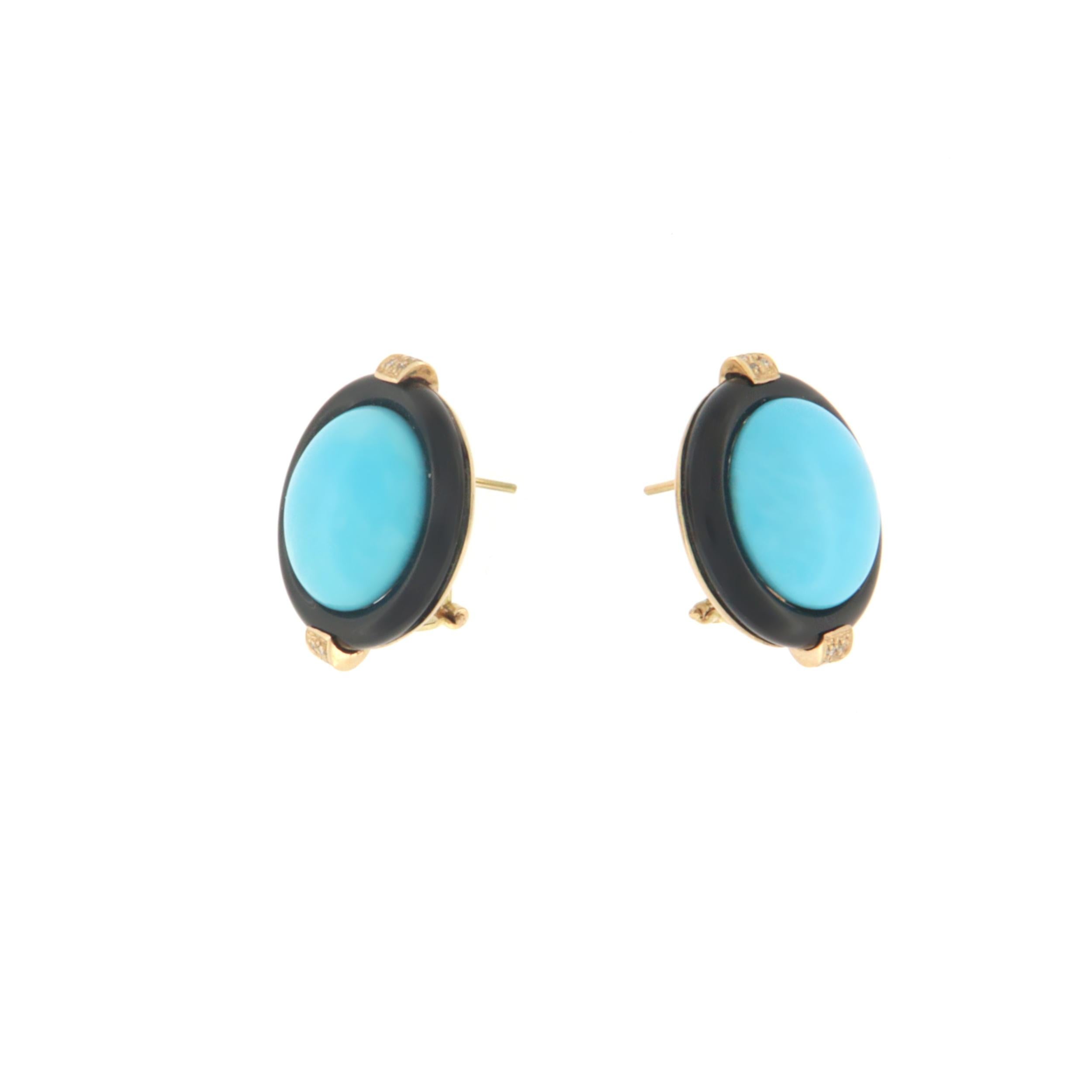 Artisan Turquoise Diamonds Onix 18 Karat Yellow Gold Stud Earring For Sale