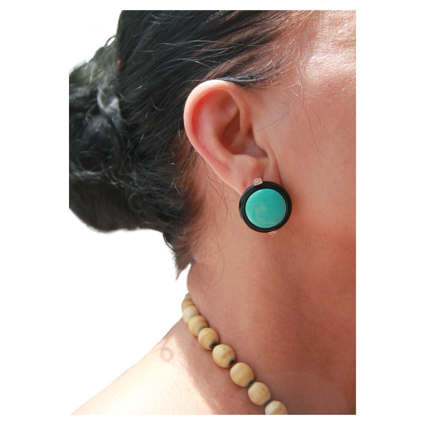 Women's Turquoise Diamonds Onix 18 Karat Yellow Gold Stud Earring For Sale