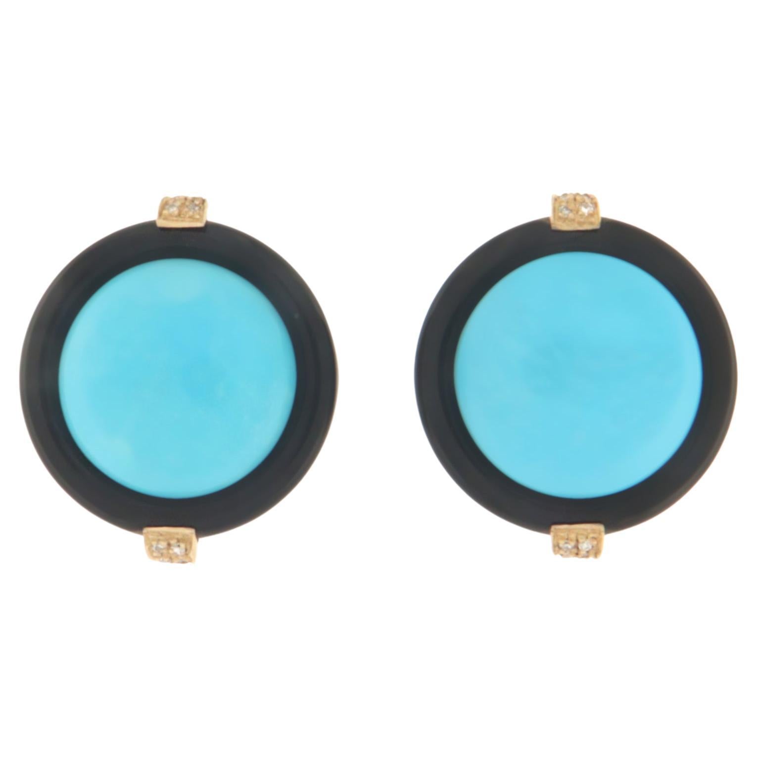 Turquoise Diamonds Onix 18 Karat Yellow Gold Stud Earring For Sale