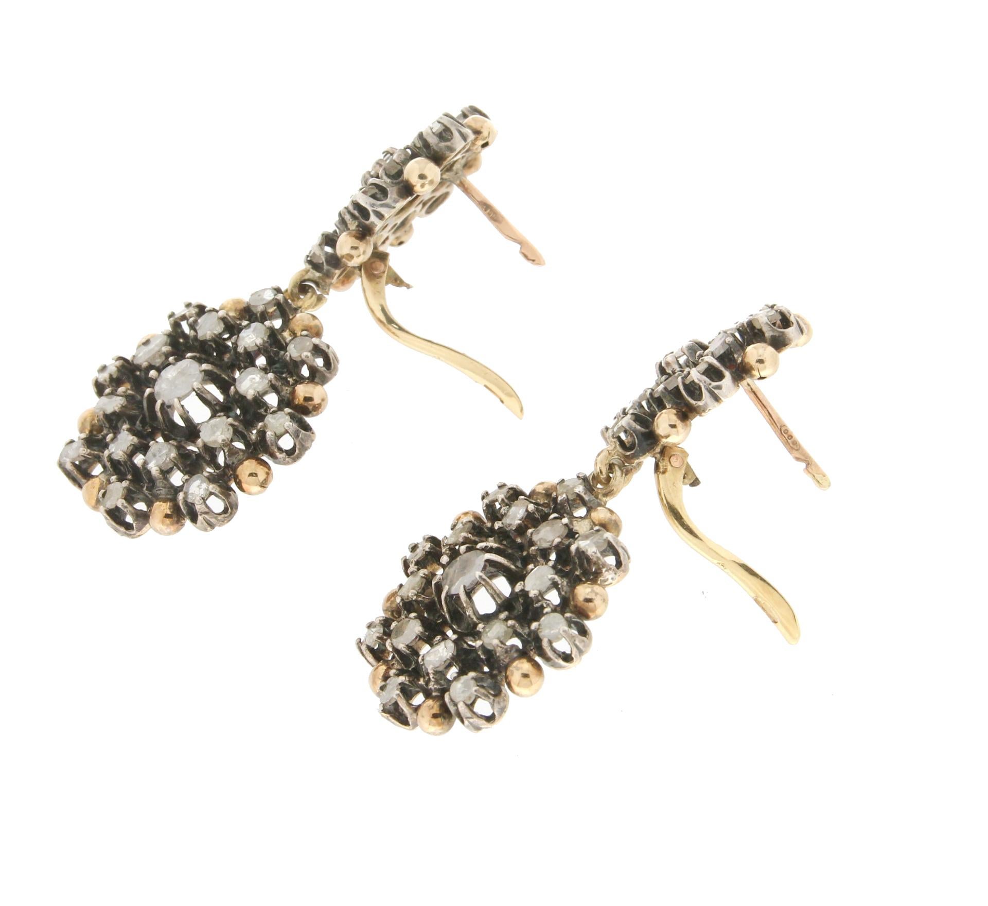 Women's Handcraft 18 Karat Yellow Gold Rose Cut Diamonds Clip-On Earrings For Sale