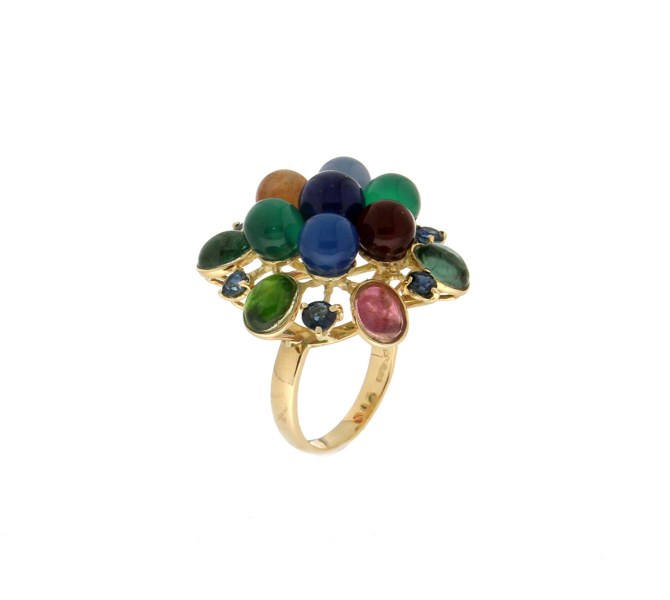 Cabochon Handcraft 18 Karat Yellow Gold Sapphires and Semiprecious Stones Cocktail Ring For Sale
