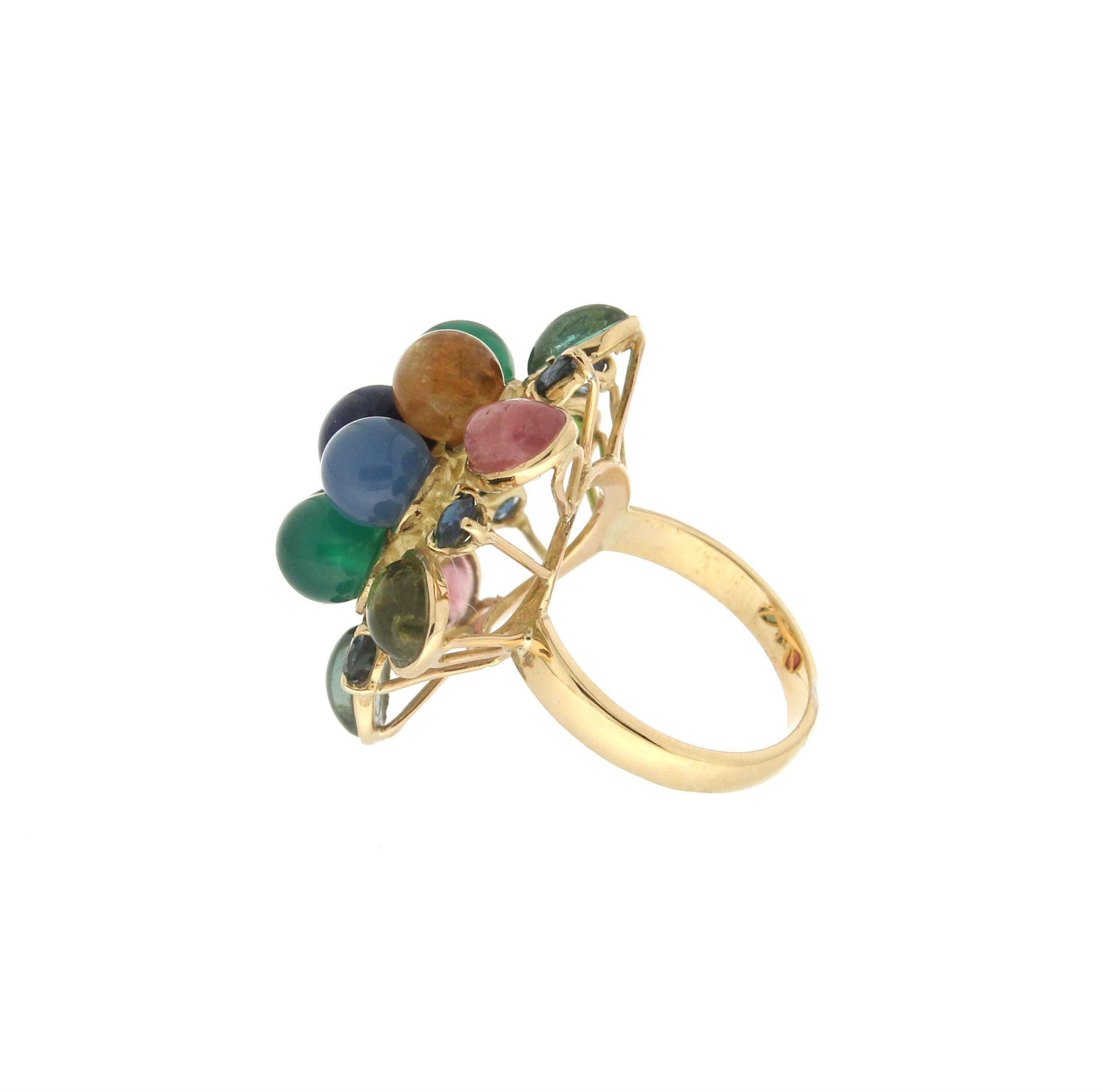 Handcraft 18 Karat Yellow Gold Sapphires and Semiprecious Stones Cocktail Ring In New Condition For Sale In Marcianise, IT