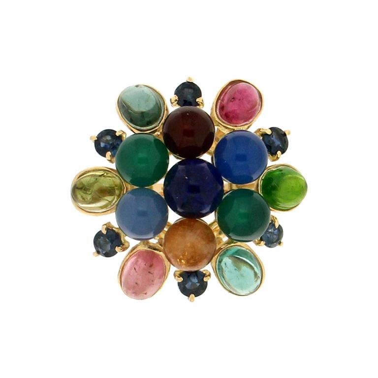 Handcraft 18 Karat Yellow Gold Sapphires and Semiprecious Stones Cocktail Ring For Sale