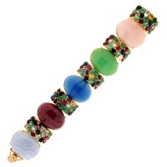 Handcraft 18 Karat Yellow Gold Sapphires Ruby Emeralds Quartz Cuff Bracelet