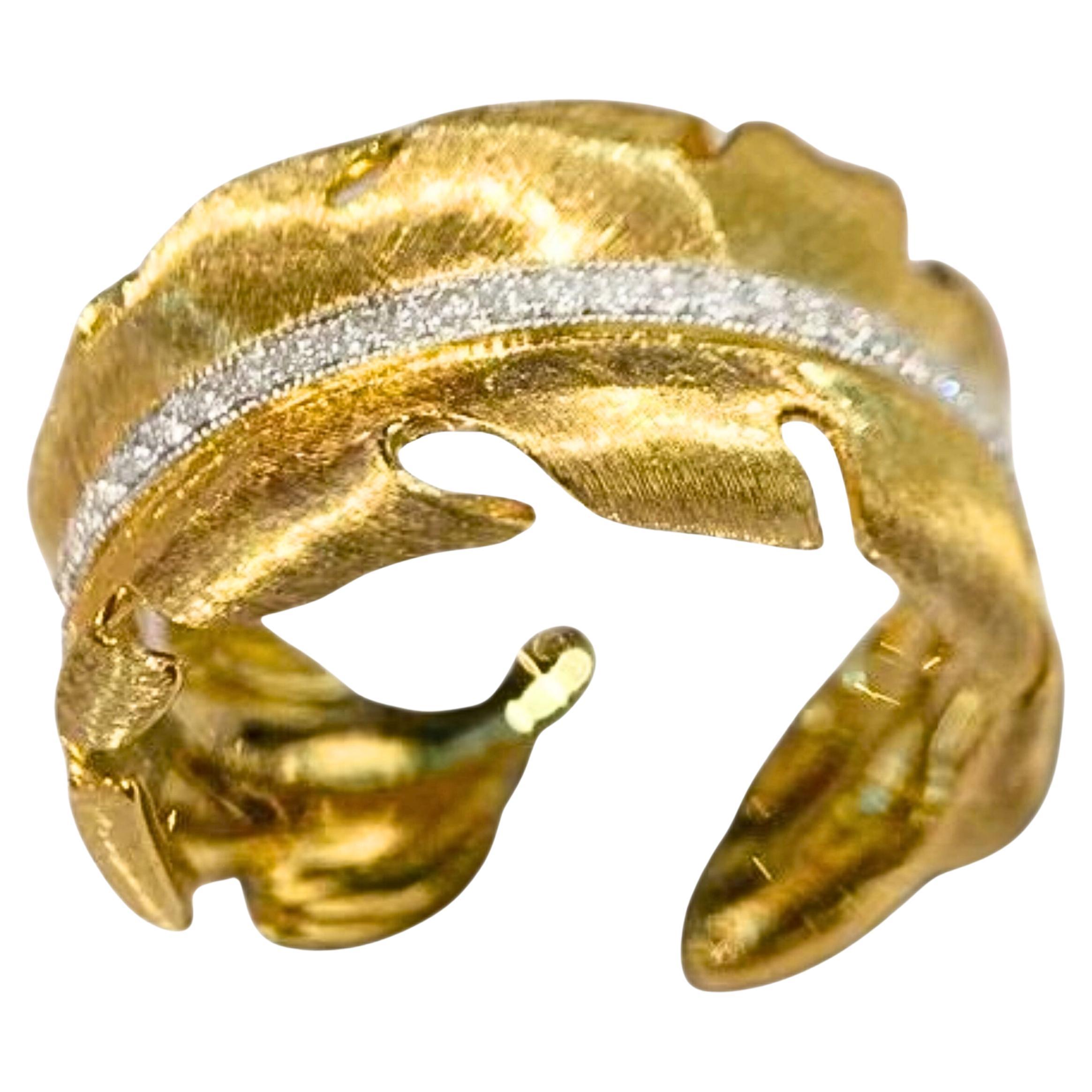 Handcraft 18K Gold Leaf-Shaped Natural Diamond Ring