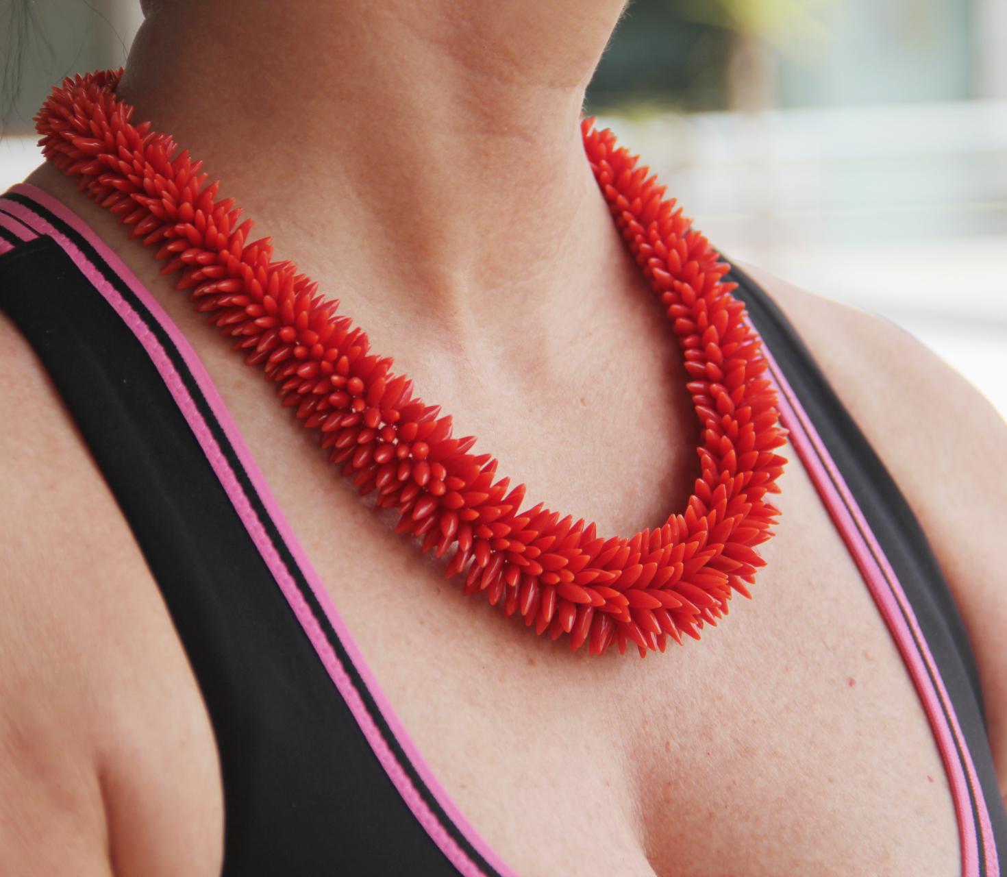 Handcraft 925 Thousandths Silver Mediterranean Coral Choker Necklace For Sale 2