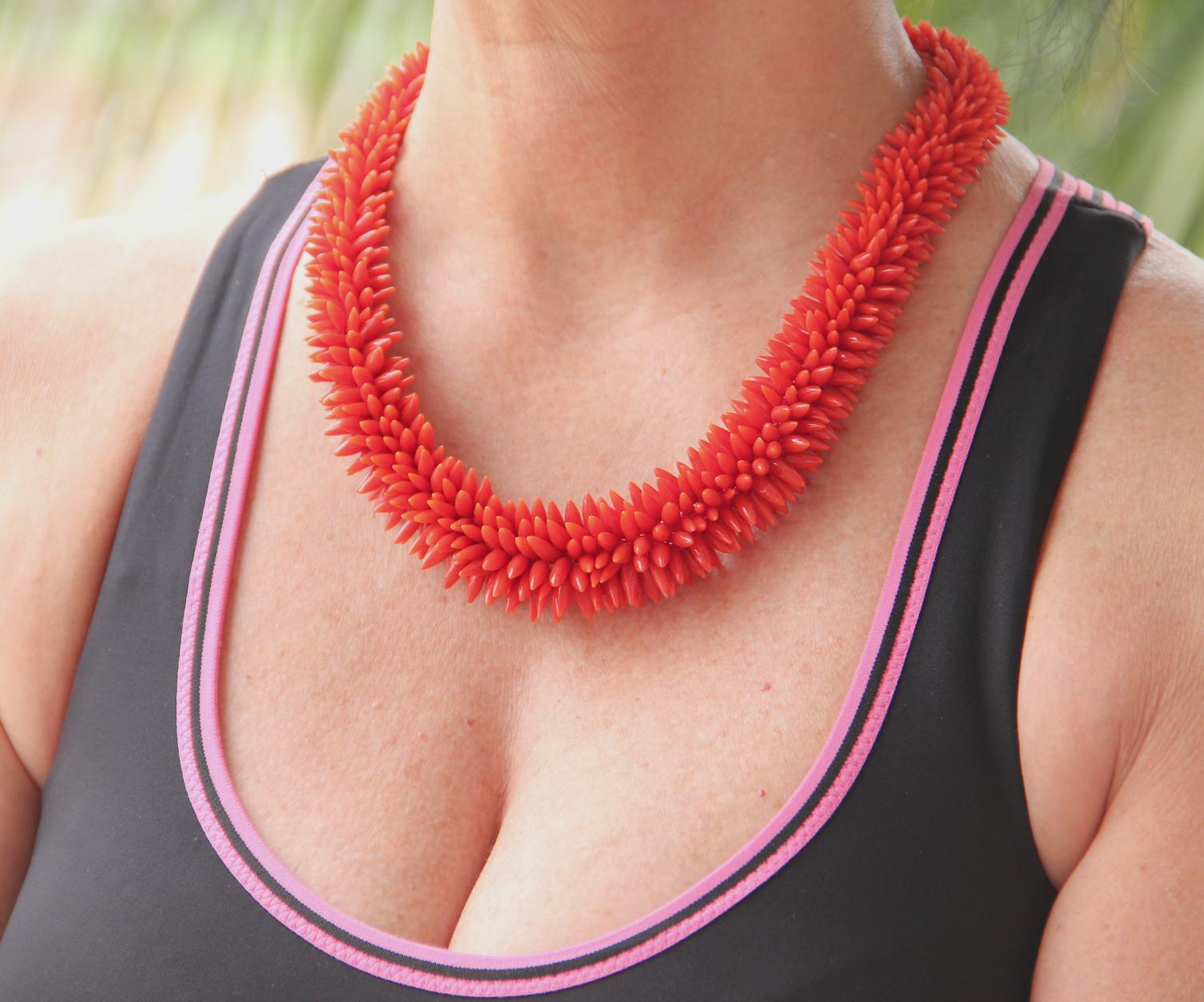 Handcraft 925 Thousandths Silver Mediterranean Coral Choker Necklace For Sale 3