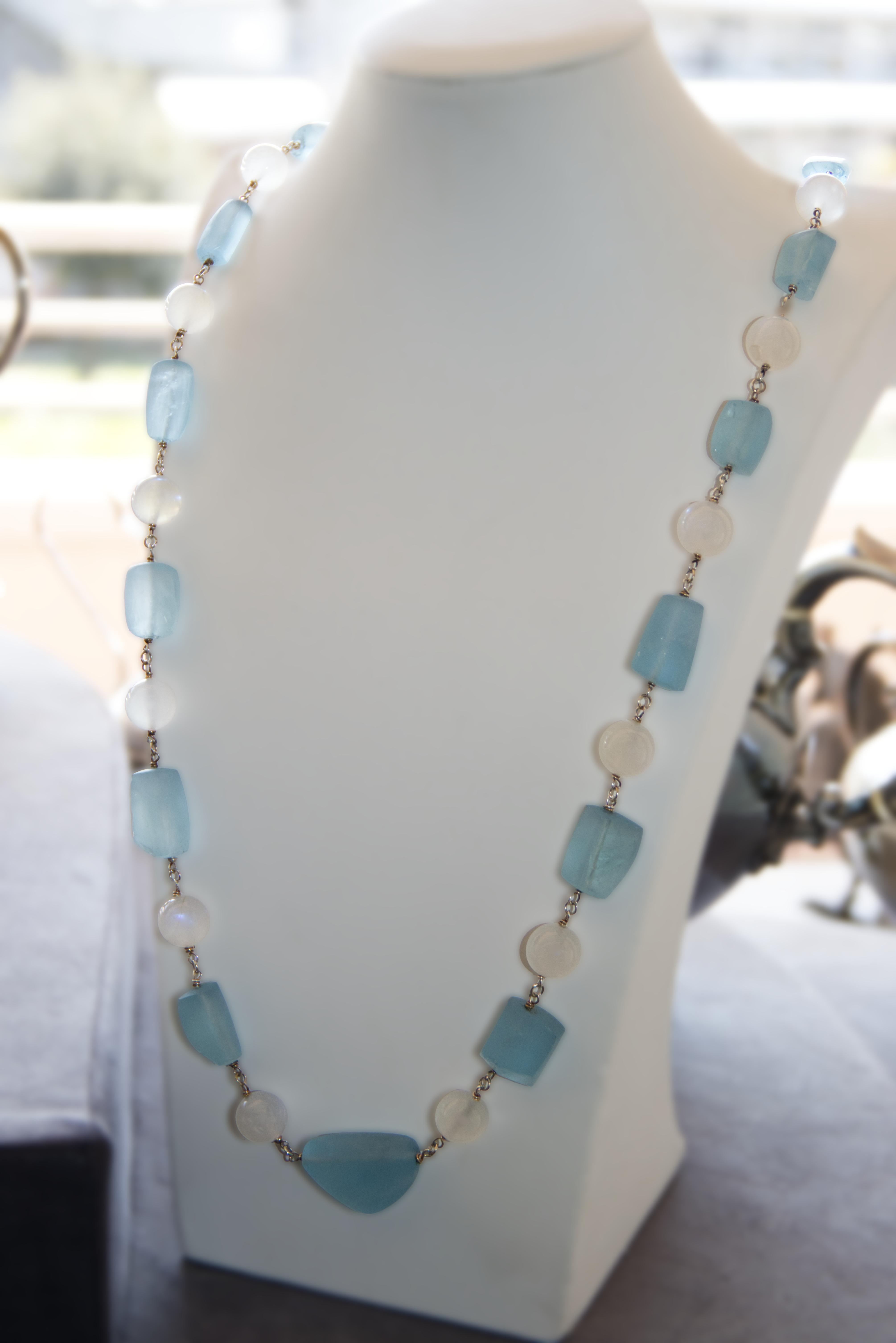 Handcraft 800 Thousandths Silver Moonstones Aquamarine Beaded Necklace For Sale 2