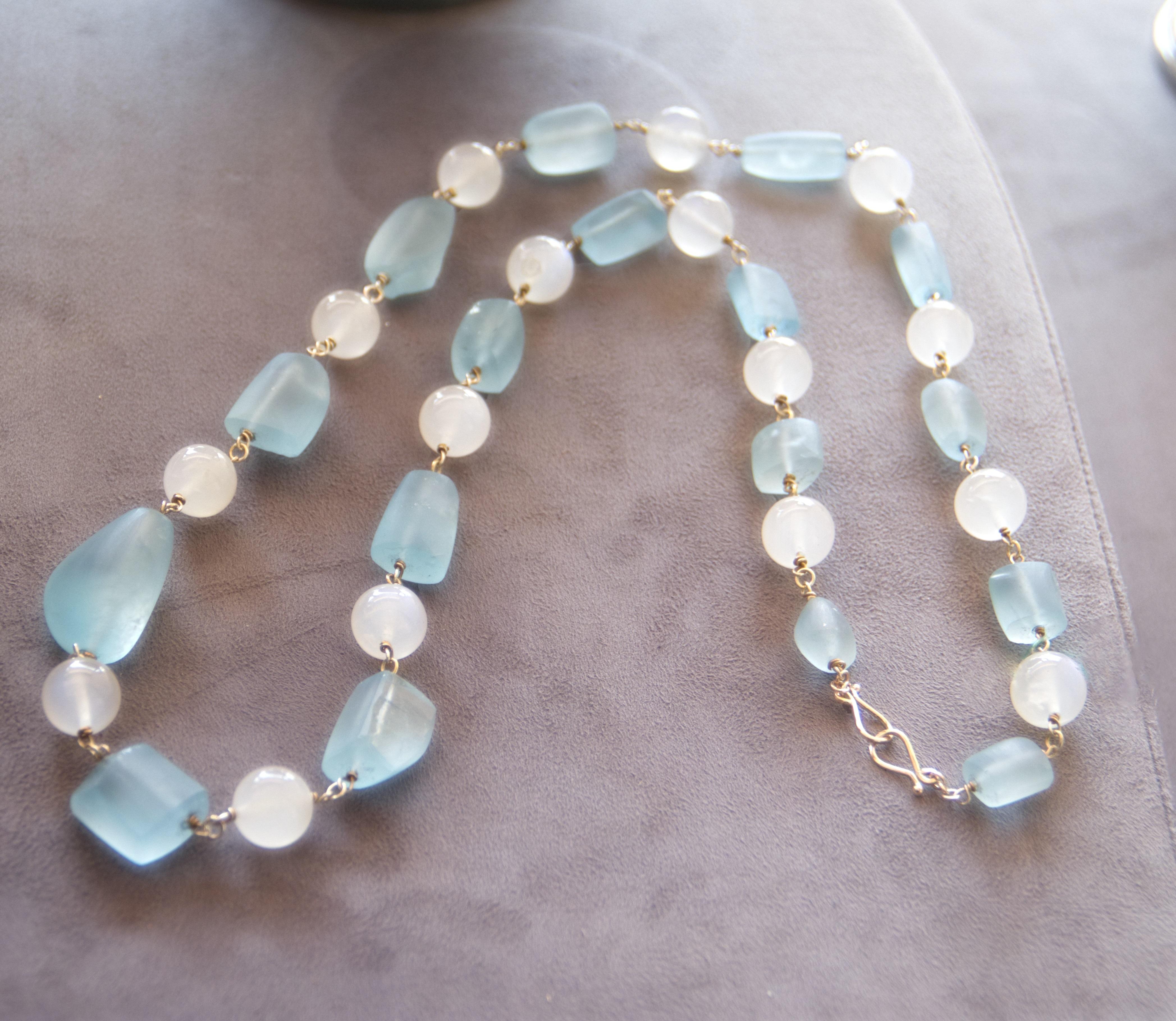 Women's or Men's Handcraft 800 Thousandths Silver Moonstones Aquamarine Beaded Necklace For Sale
