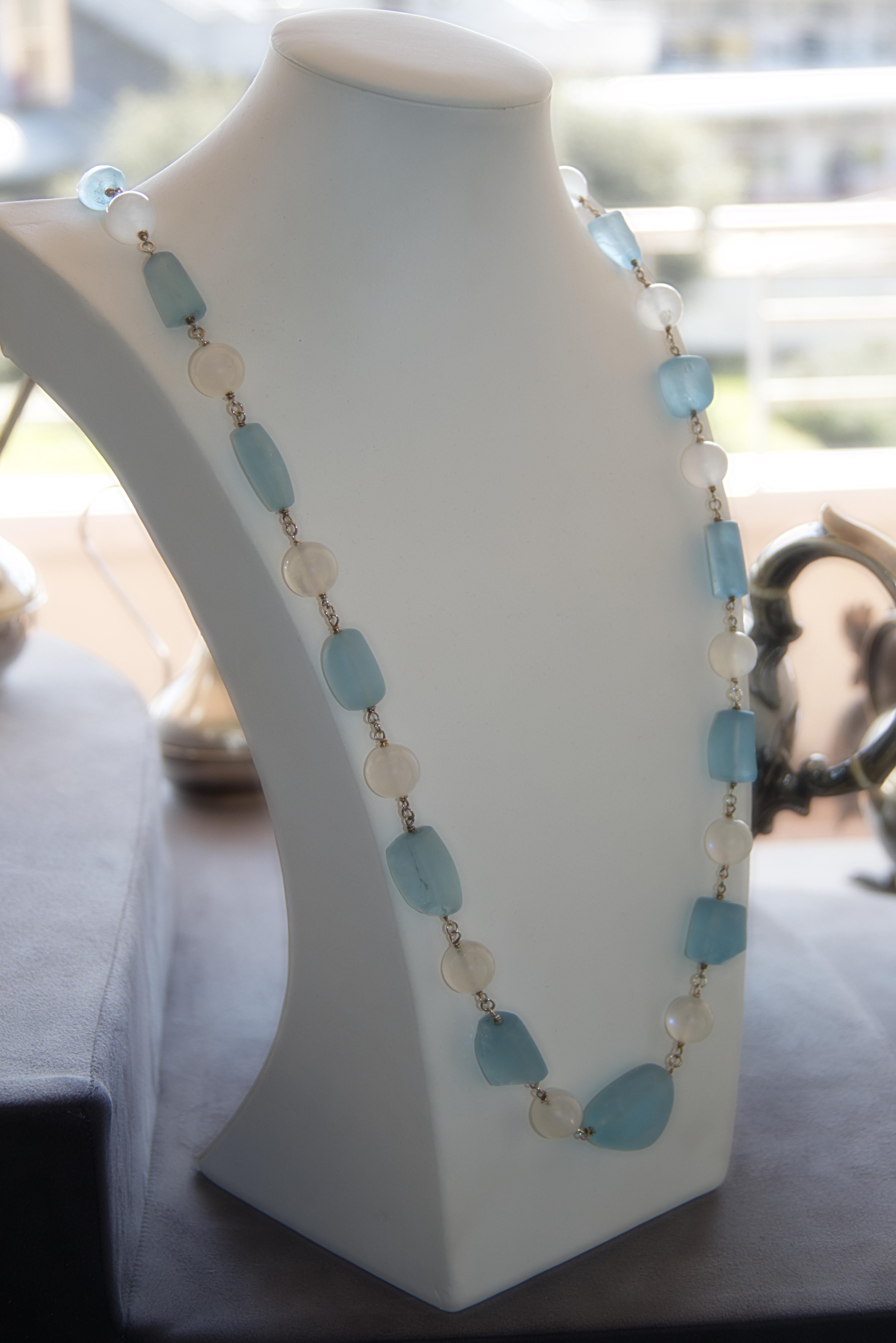 Handcraft 800 Thousandths Silver Moonstones Aquamarine Beaded Necklace For Sale 3