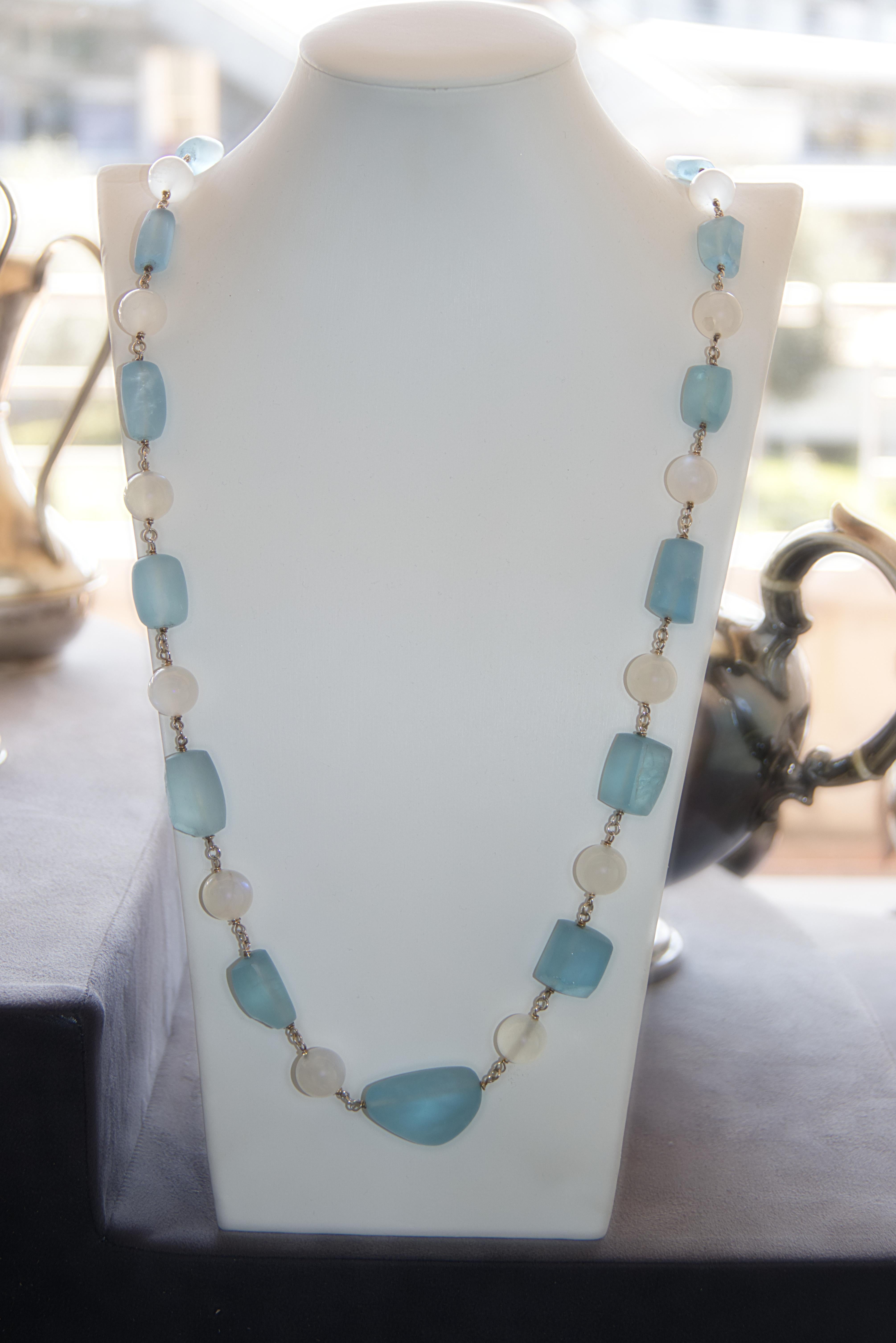 Handcraft 800 Thousandths Silver Moonstones Aquamarine Beaded Necklace For Sale 4
