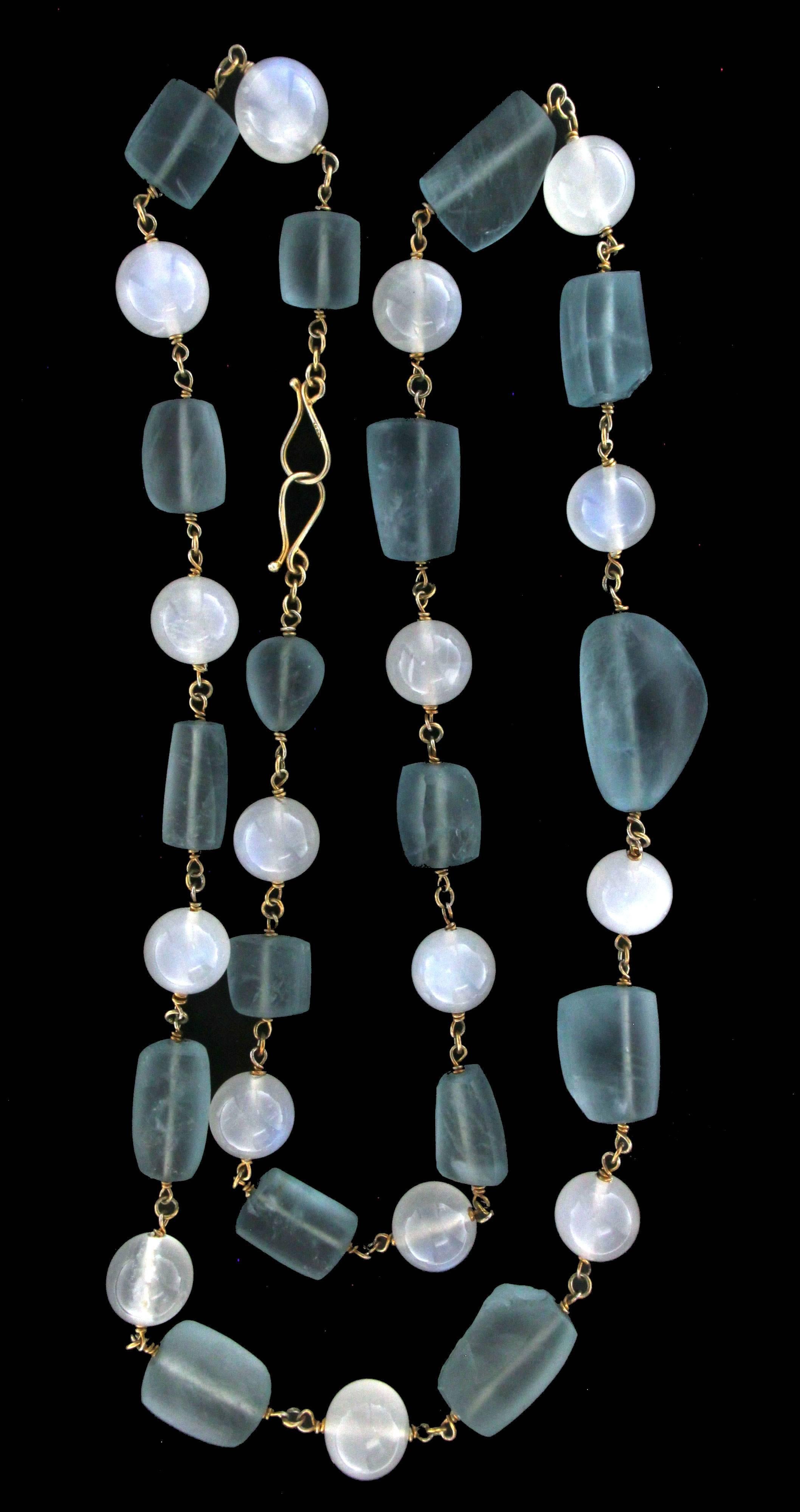 Handcraft 800 Thousandths Silver Moonstones Aquamarine Beaded Necklace In New Condition For Sale In Marcianise, IT