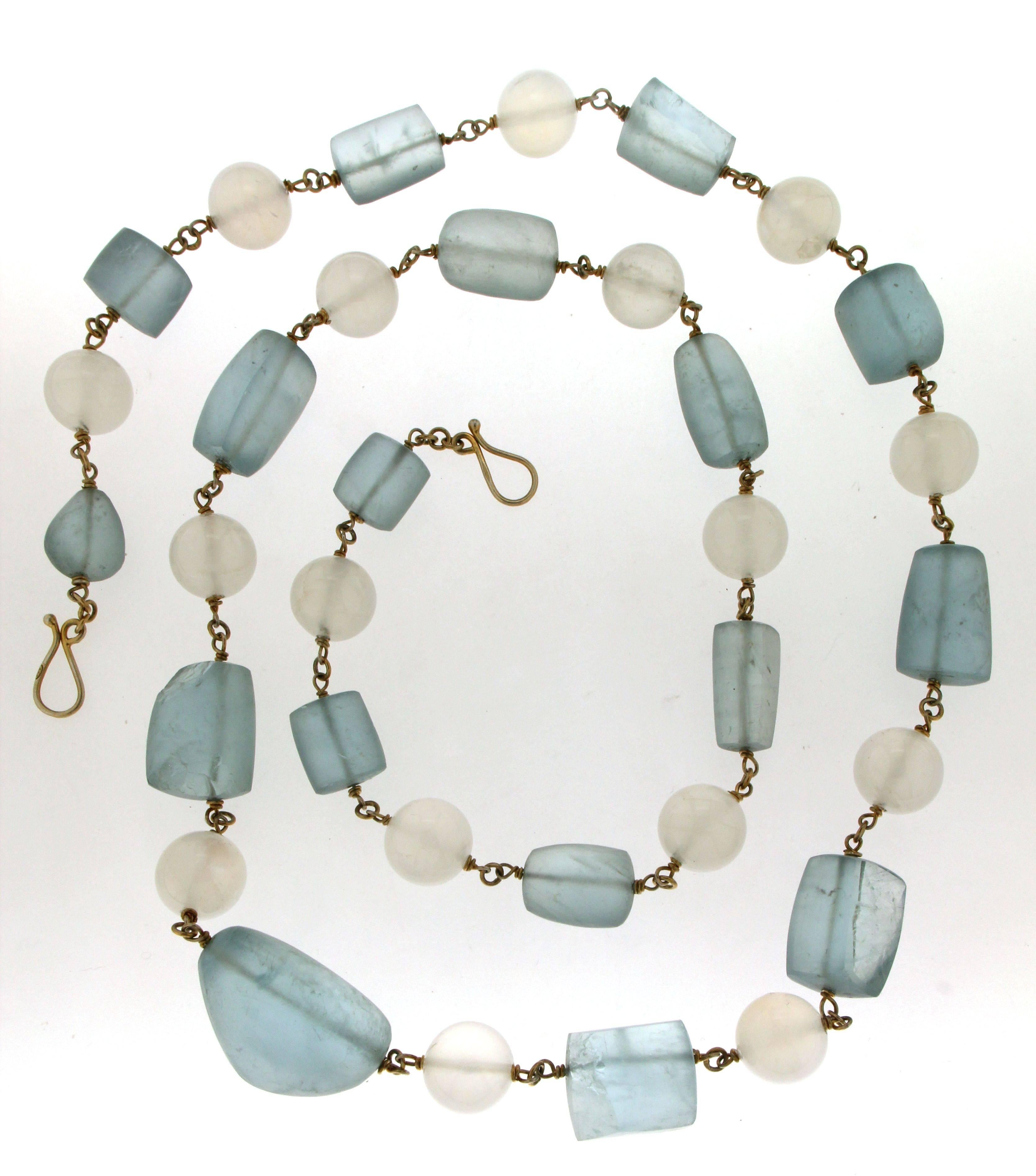 Women's or Men's Handcraft 800 Thousandths Silver Moonstones Aquamarine Beaded Necklace For Sale