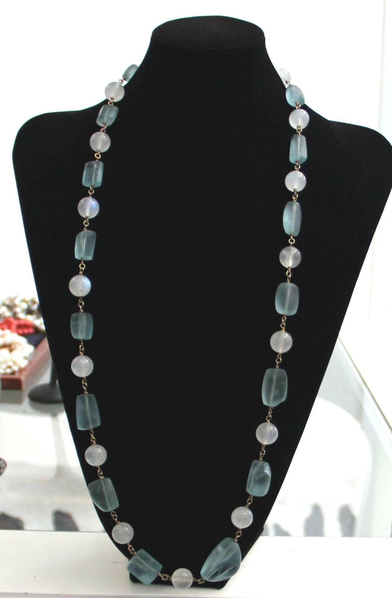 Handcraft 800 Thousandths Silver Moonstones Aquamarine Beaded Necklace For Sale 4