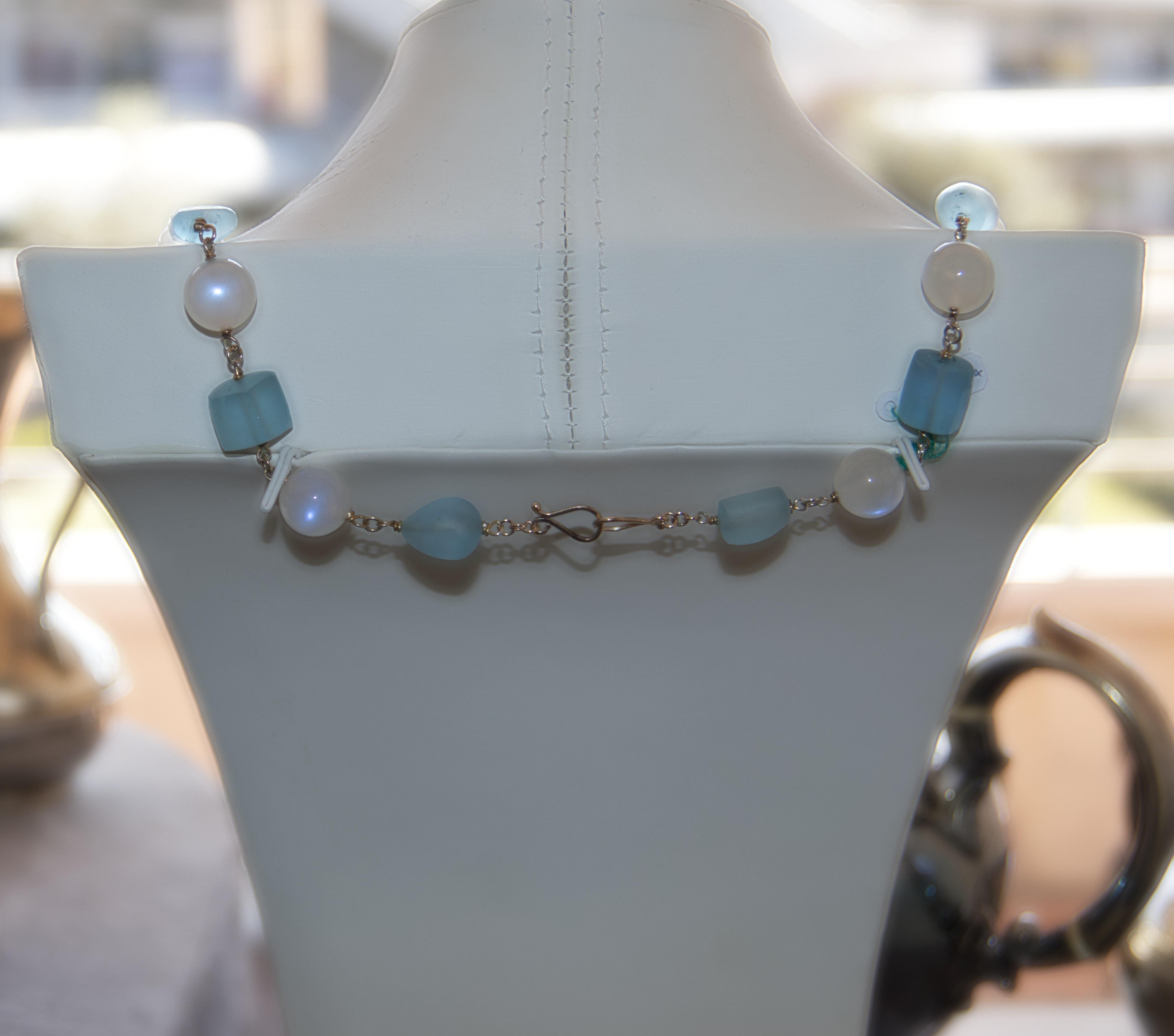Handcraft 800 Thousandths Silver Moonstones Aquamarine Beaded Necklace For Sale 1