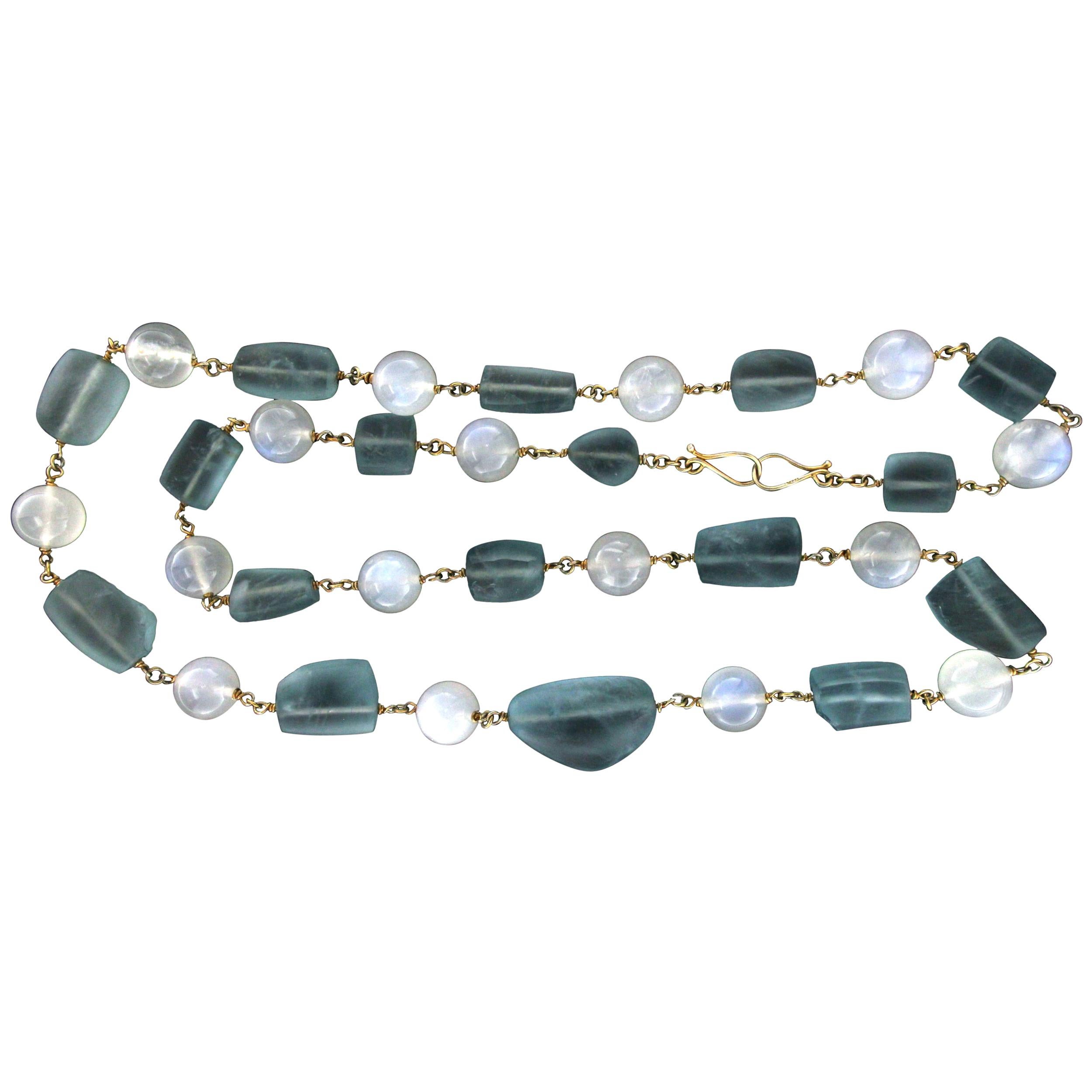 Handcraft 800 Thousandths Silver Moonstones Aquamarine Beaded Necklace For Sale