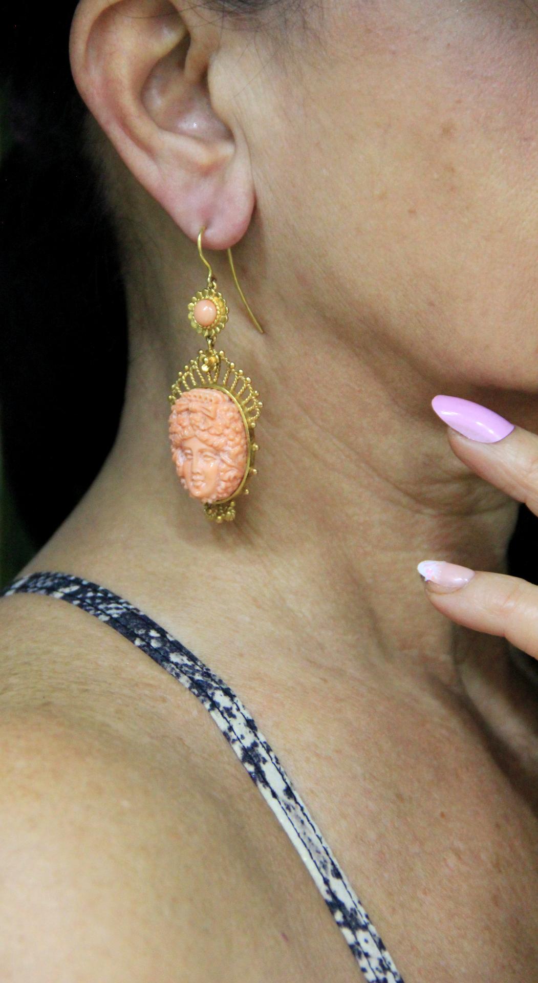 Women's or Men's Handcraft 9 Karat Yellow Gold Coral Drop Earrings
