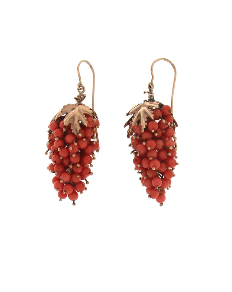 Bead Handcraft 9 Karat Yellow Gold Coral Pine Cone Drop Earrings For Sale
