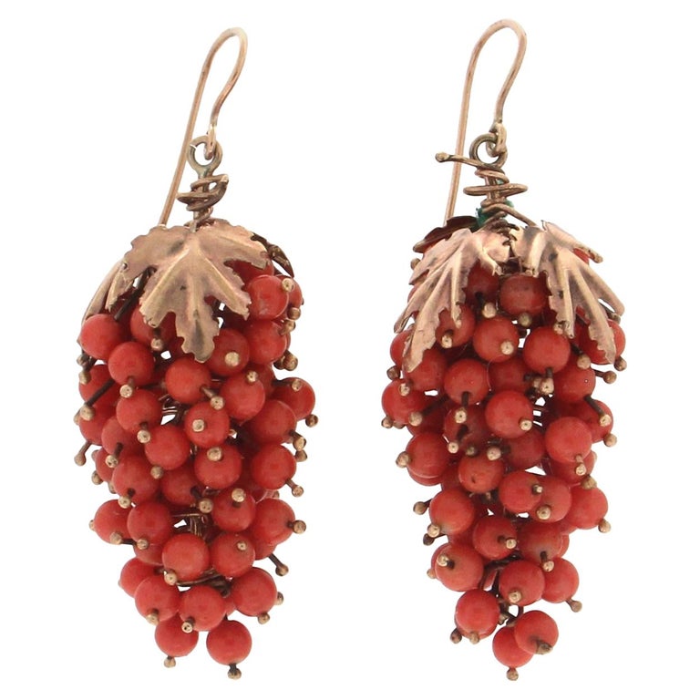 Handcraft 9 Karat Yellow Gold Coral Pine Cone Drop Earrings For Sale