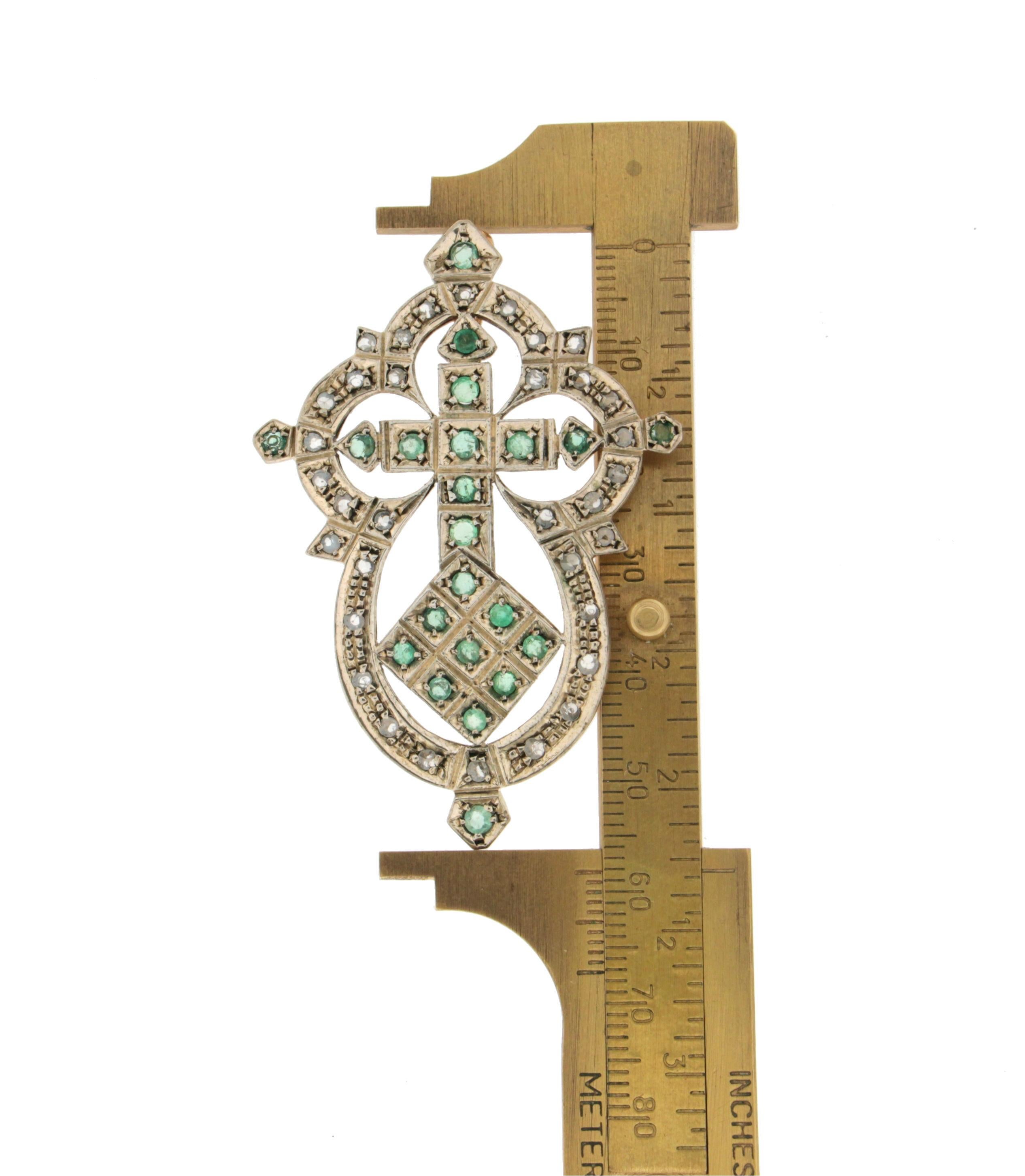 Women's or Men's Handcraft 9 Karat Yellow Gold Diamonds Emeralds Pendant Cross Necklace