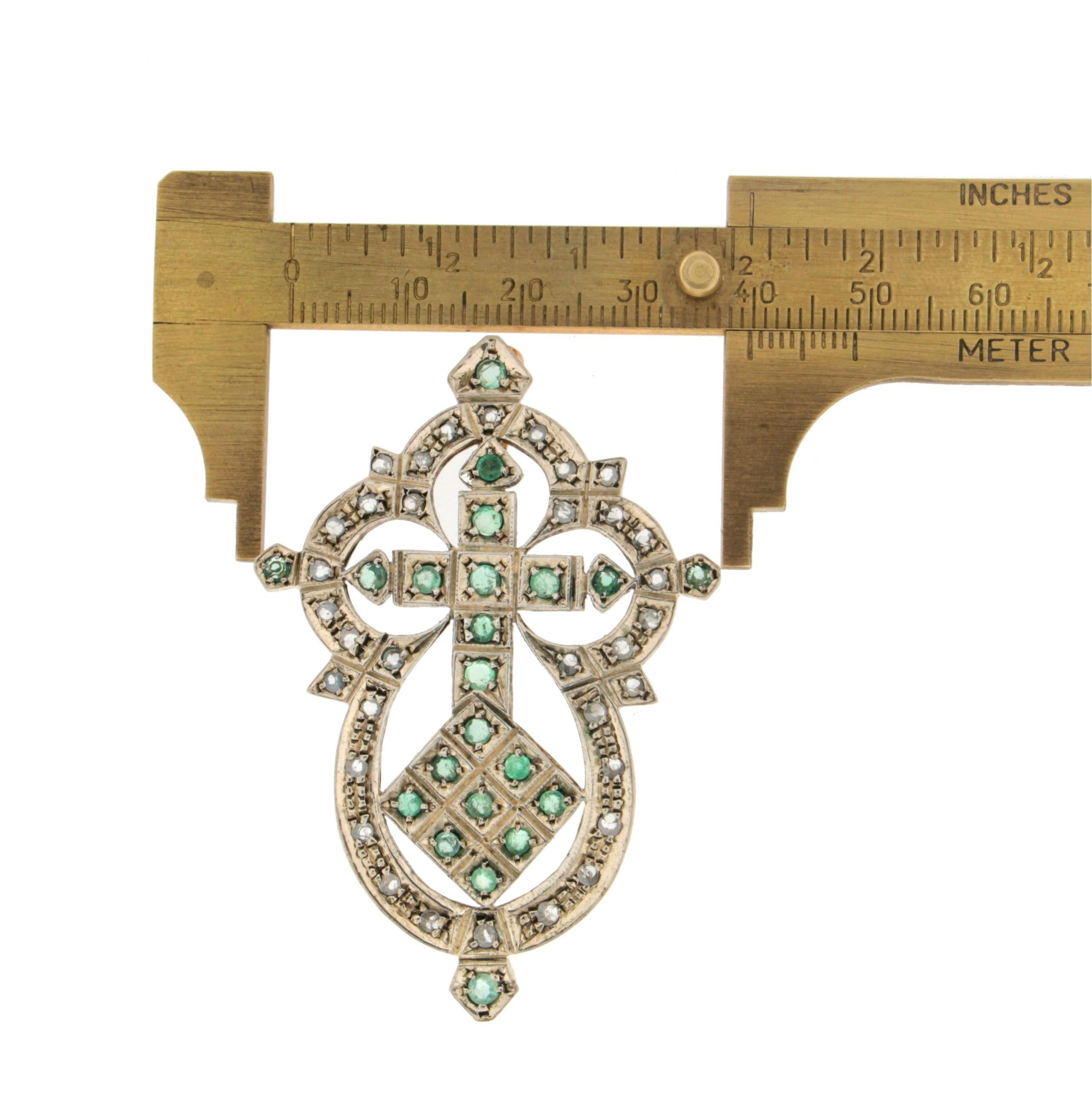 Handcraft 9 Karat Yellow Gold Diamonds Emeralds Pendant Cross Necklace 1