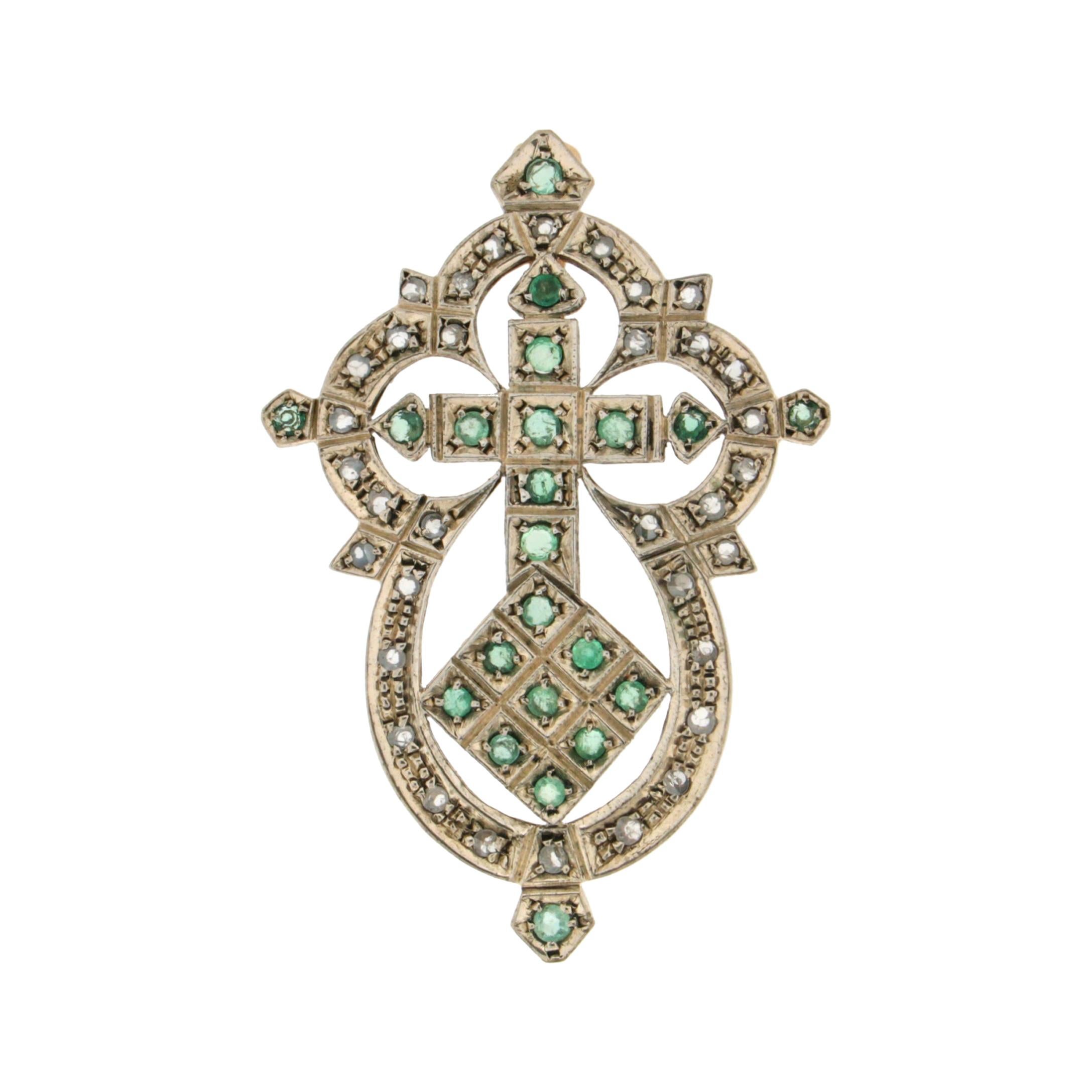 Handcraft 9 Karat Yellow Gold Diamonds Emeralds Pendant Cross Necklace