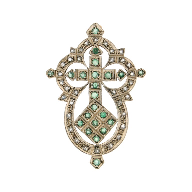 Handcraft 9 Karat Yellow Gold Diamonds Emeralds Pendant Cross Necklace ...
