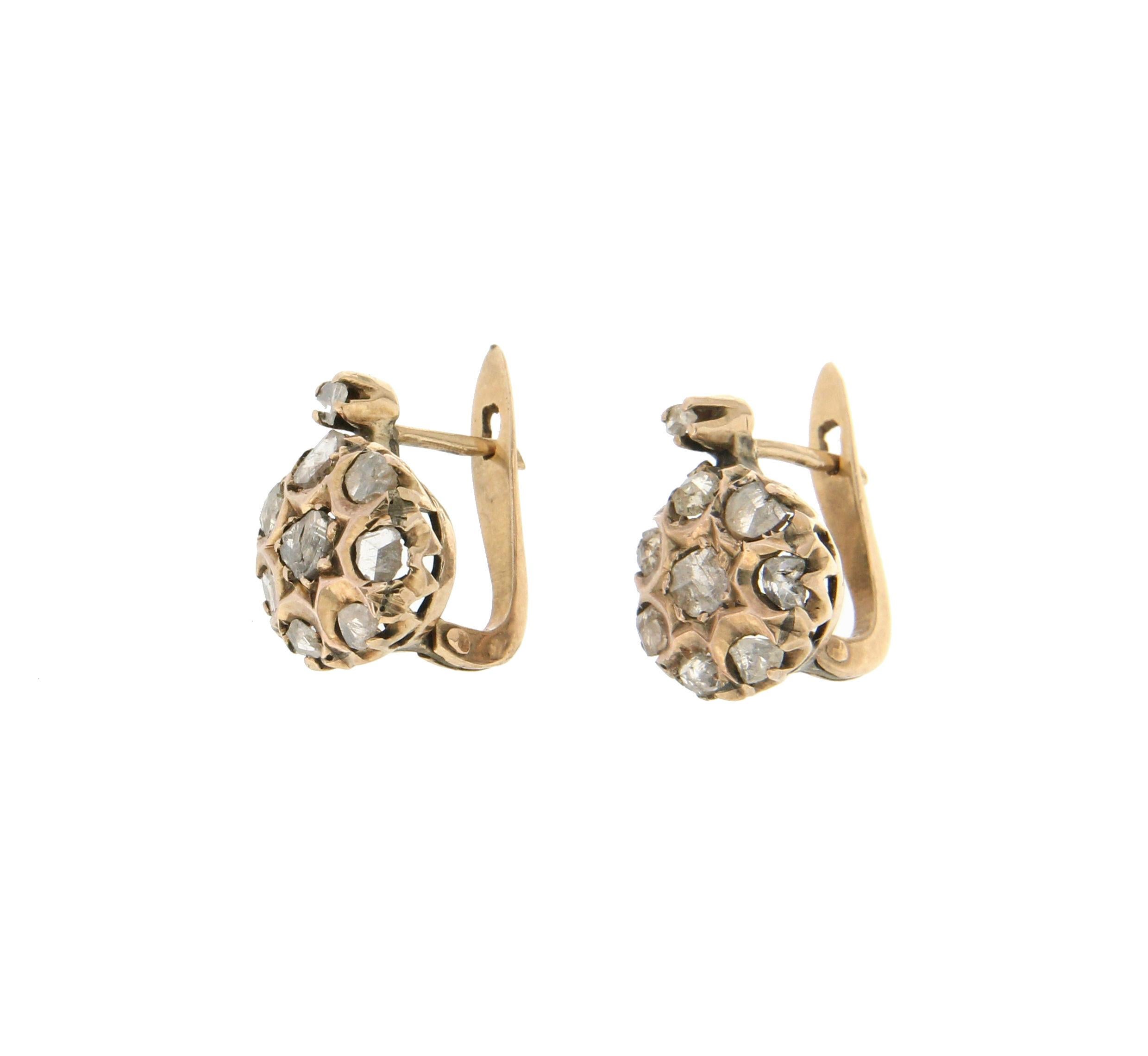 Rose Cut Handcraft 9 Karat Yellow Gold Diamonds Stud Earrings For Sale