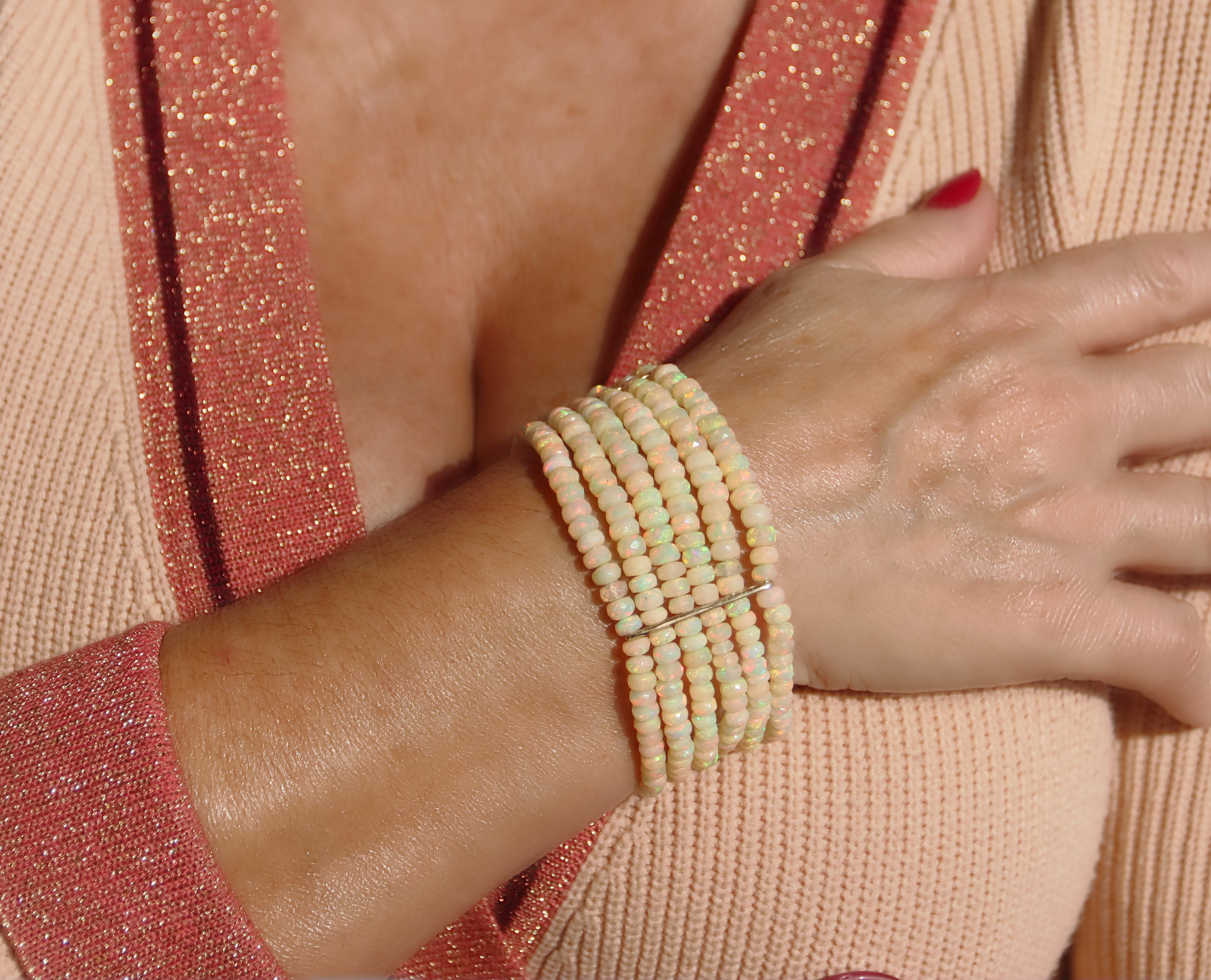 Women's Handcraft 9 Karat Yellow Gold Opals Beaded Bracelet For Sale