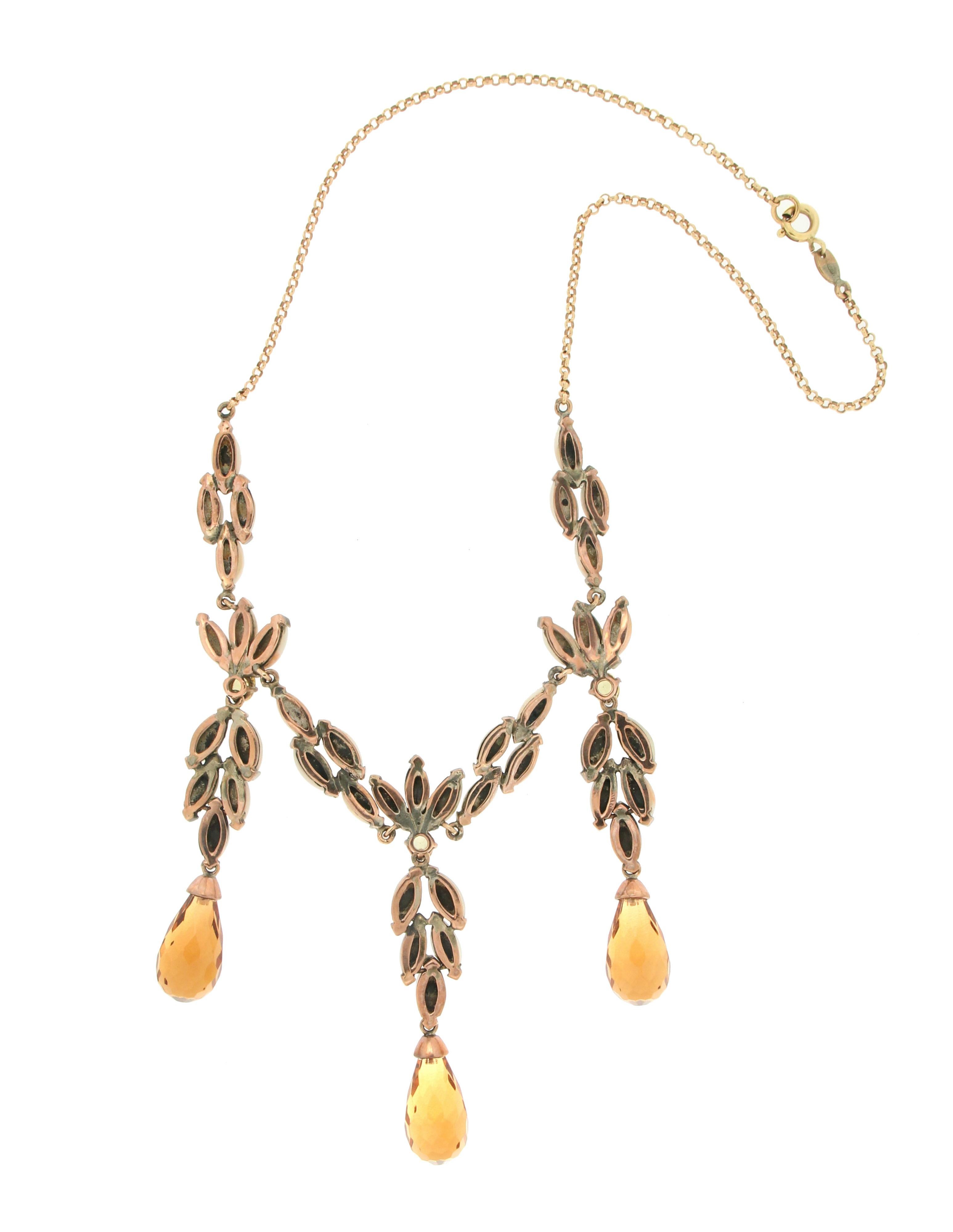 Mixed Cut Handcraft 9 Karat Yellow Gold Sapphires Coral Citrine Drop Necklace For Sale