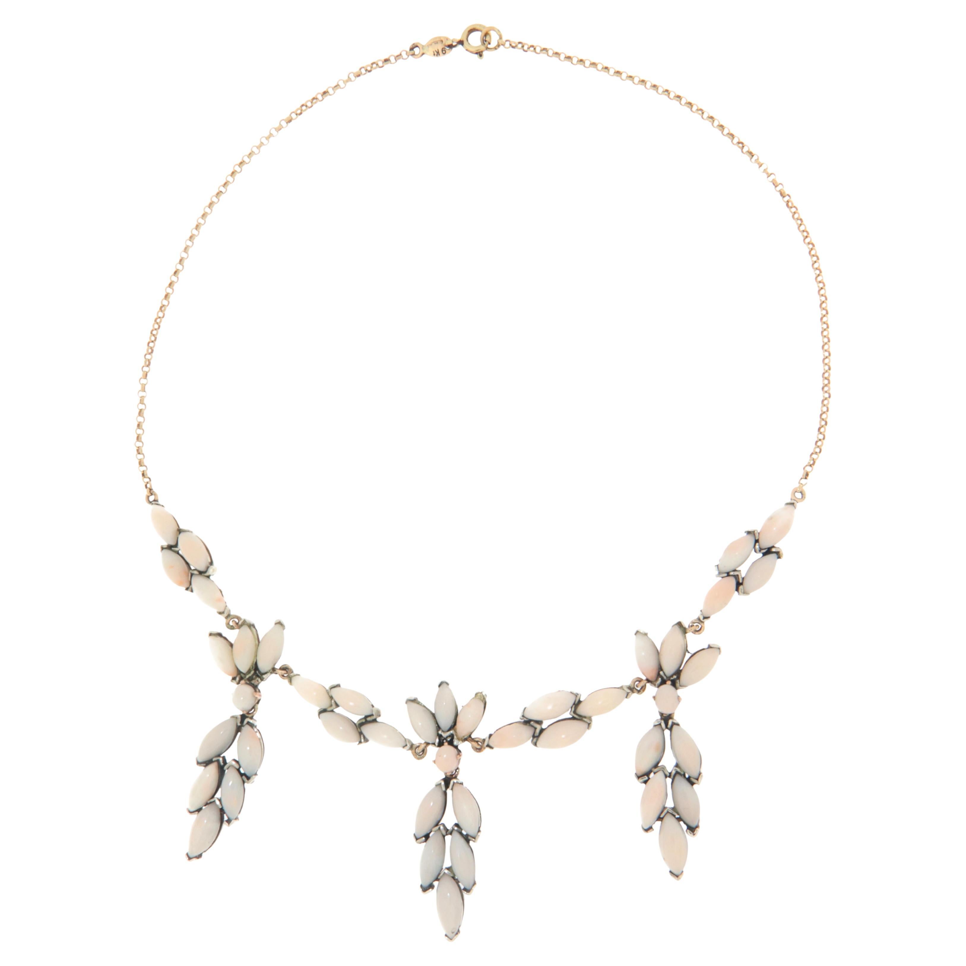 Handcraft 9 Karat Yellow Gold Sapphires Coral Drop Necklace For Sale