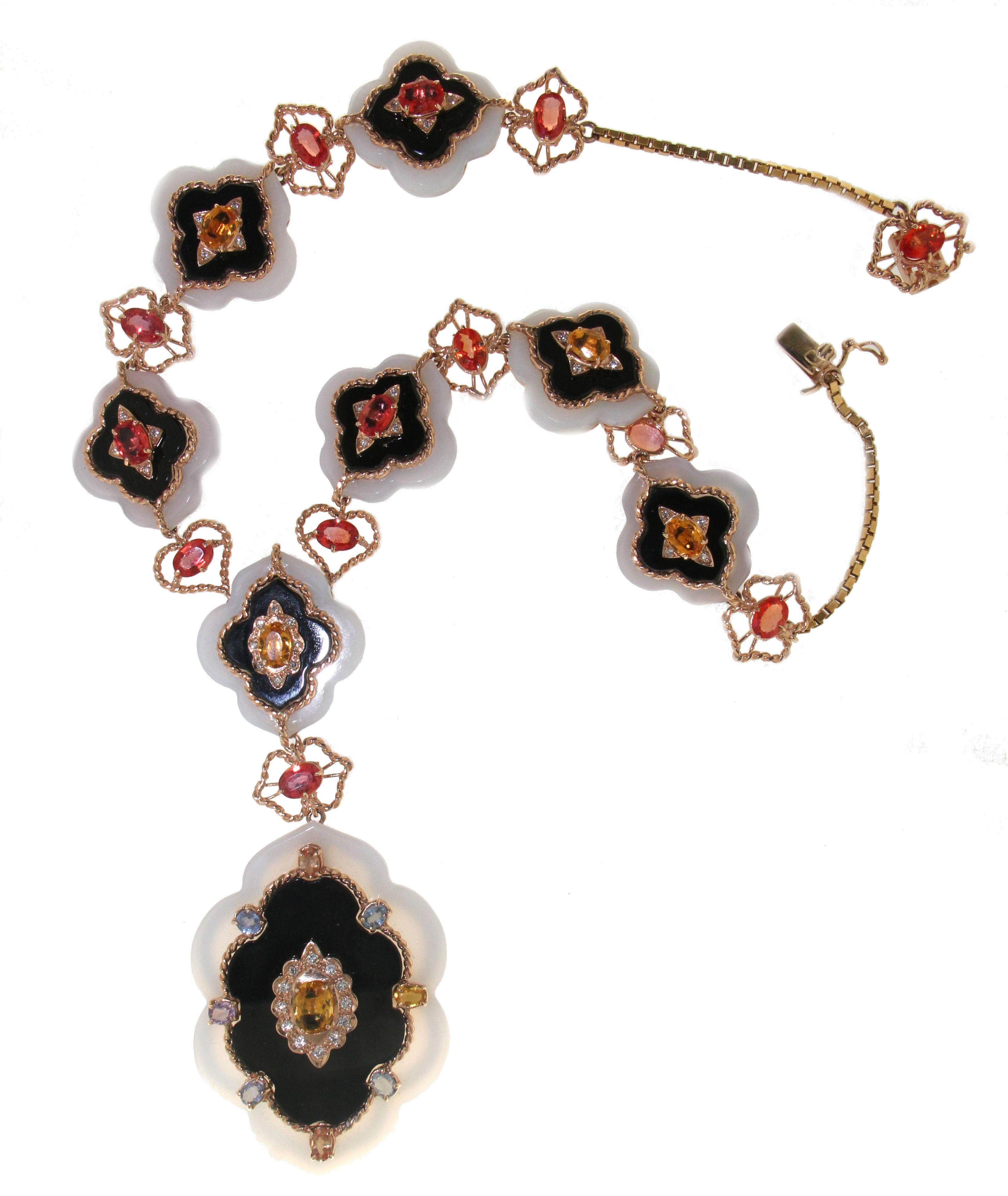Artisan Handcraft Agate 14 Karat Yellow Gold Onyx Sapphires Diamonds Choker Necklace For Sale