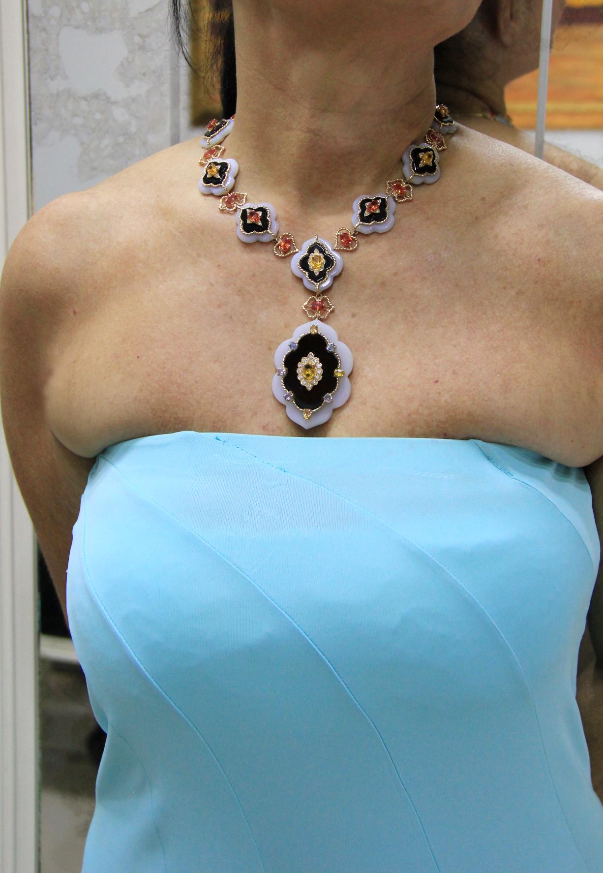 Women's or Men's Handcraft Agate 14 Karat Yellow Gold Onyx Sapphires Diamonds Choker Necklace For Sale