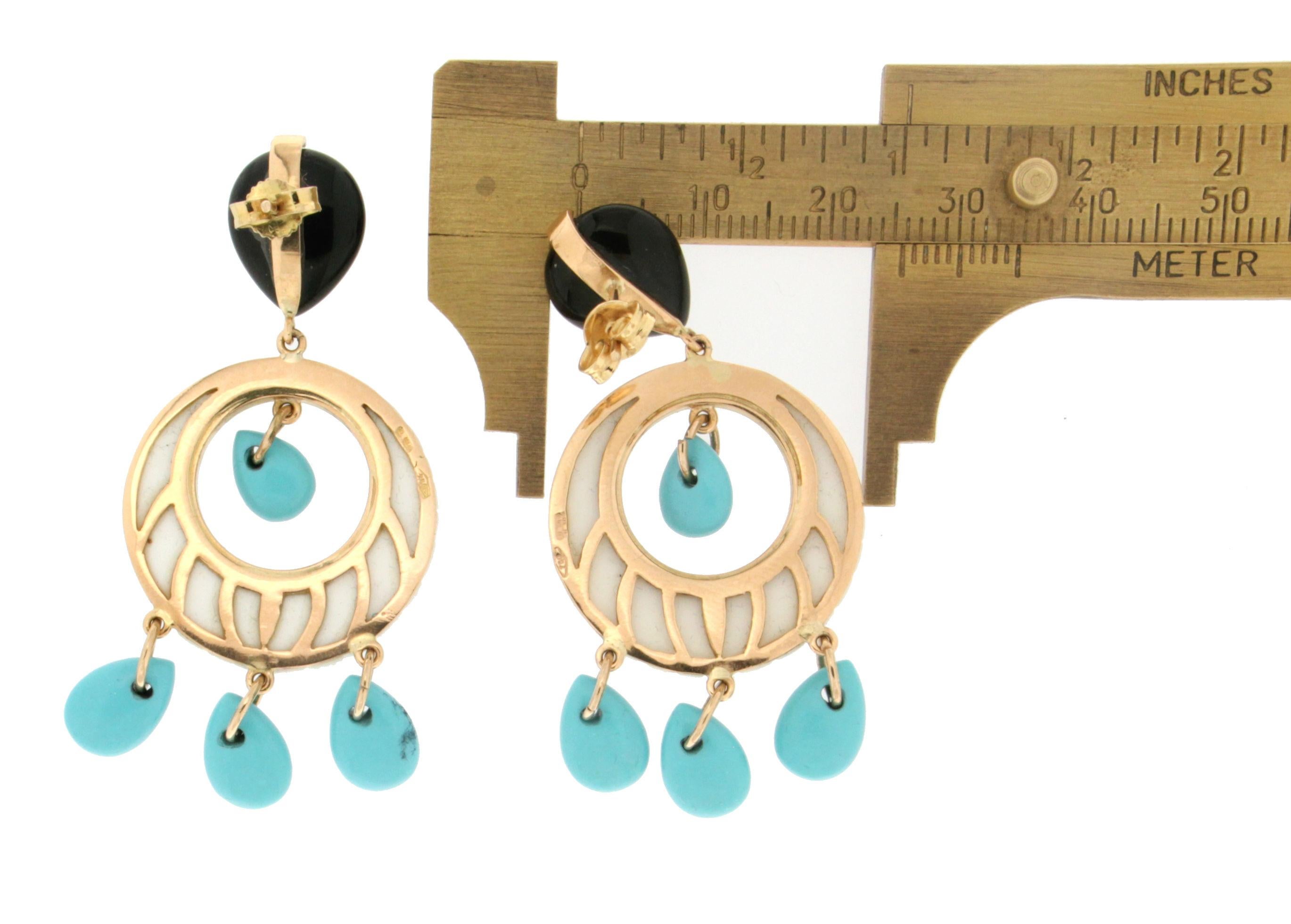 Handcraft Agate 18 Karat Yellow Gold Turquoise Onyx Drop Earrings In New Condition For Sale In Marcianise, IT
