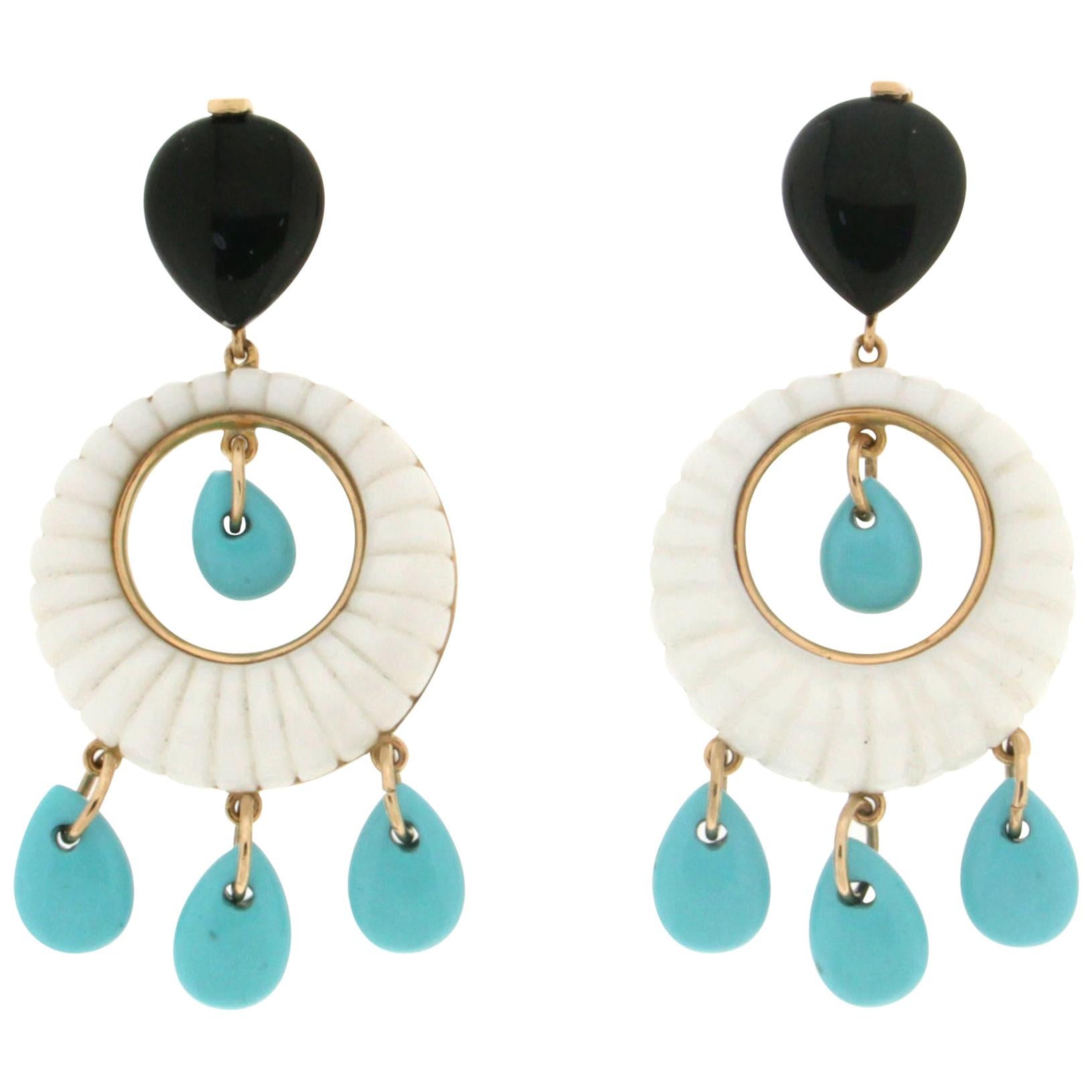 Handcraft Agate 18 Karat Yellow Gold Turquoise Onyx Drop Earrings For Sale